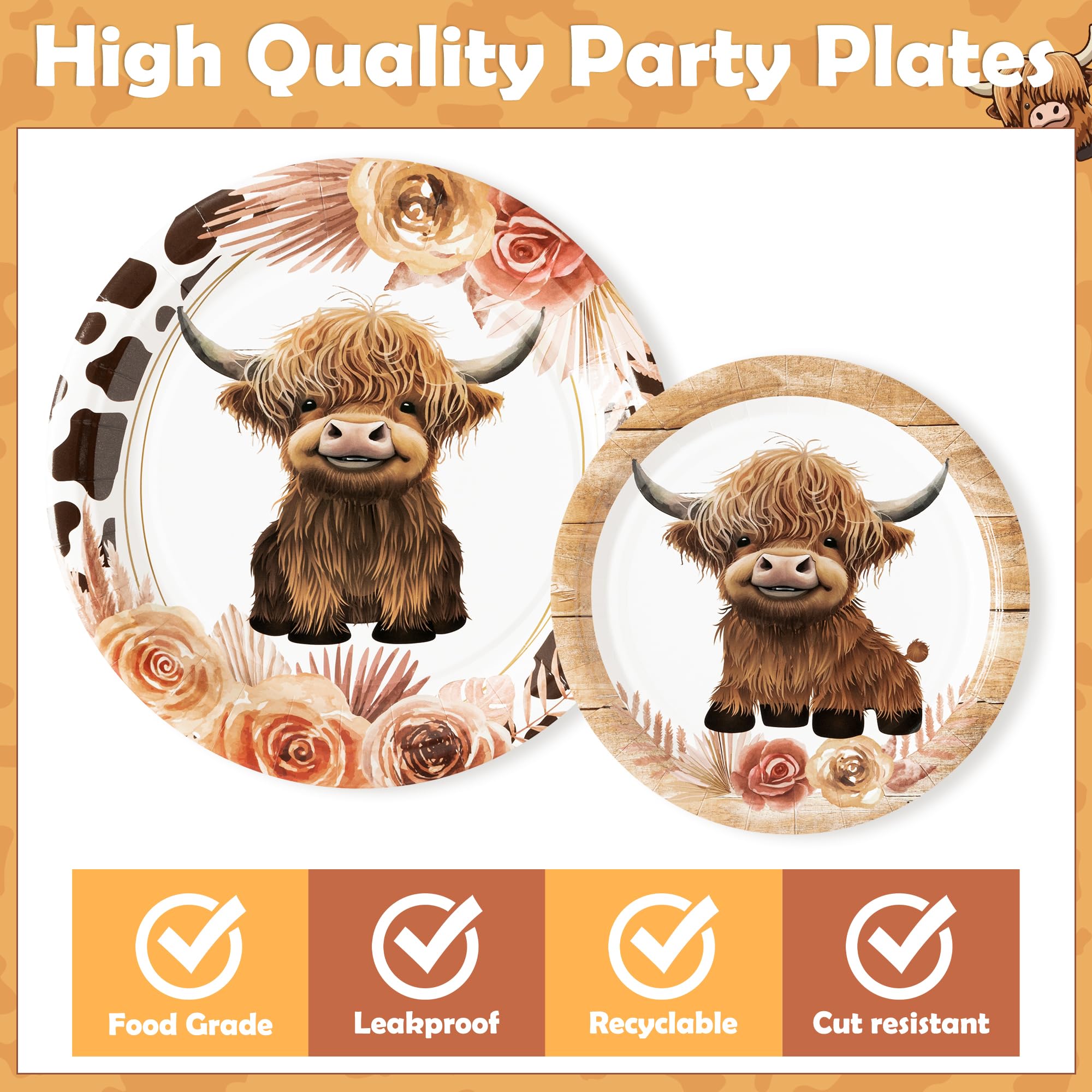 96Pcs Highland Cow Party Supplies Set - Farmhouse Themed Disposable Paper Plates, Napkins & Forks for Birthday, Baby Shower - Farm Animal Decorations (Serves 24) - Perfect for Kids Parties, Rustic Weddings & Country-Themed Events