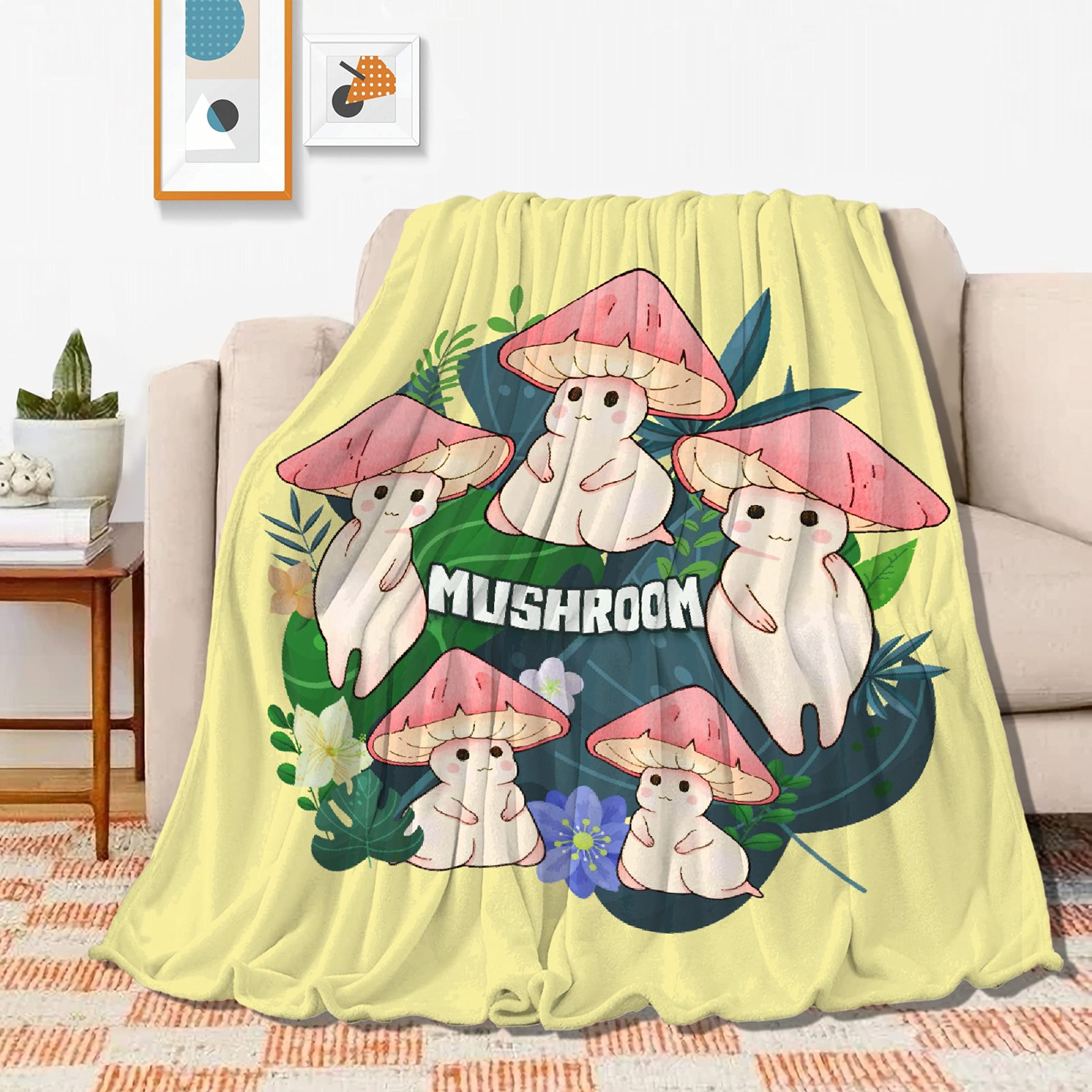 Soft Flannel Mushroom Print Blanket - Lightweight Cozy Throw for Bed, Sofa & Couch - 80x60 Inches Large Quilt - Perfect Gift for Adults - Ideal for Home Decor, Camping & Winter Warmth