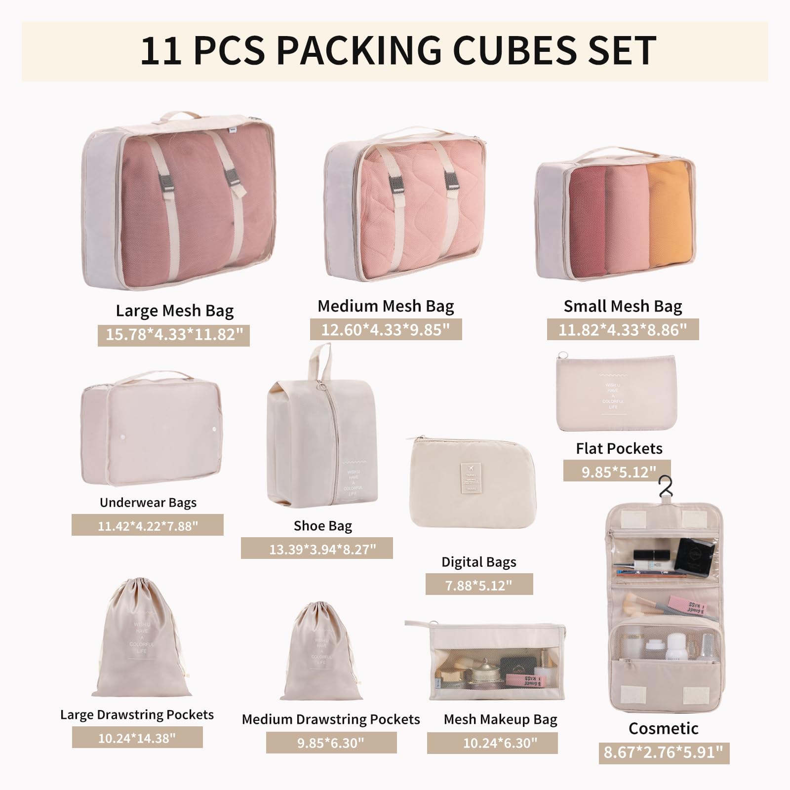 Premium 11-Piece Packing Cubes Set for Travel - Beige Luggage Organizers & Storage Bags for Clothes - Perfect for Suitcases, Backpacks & Carry-Ons