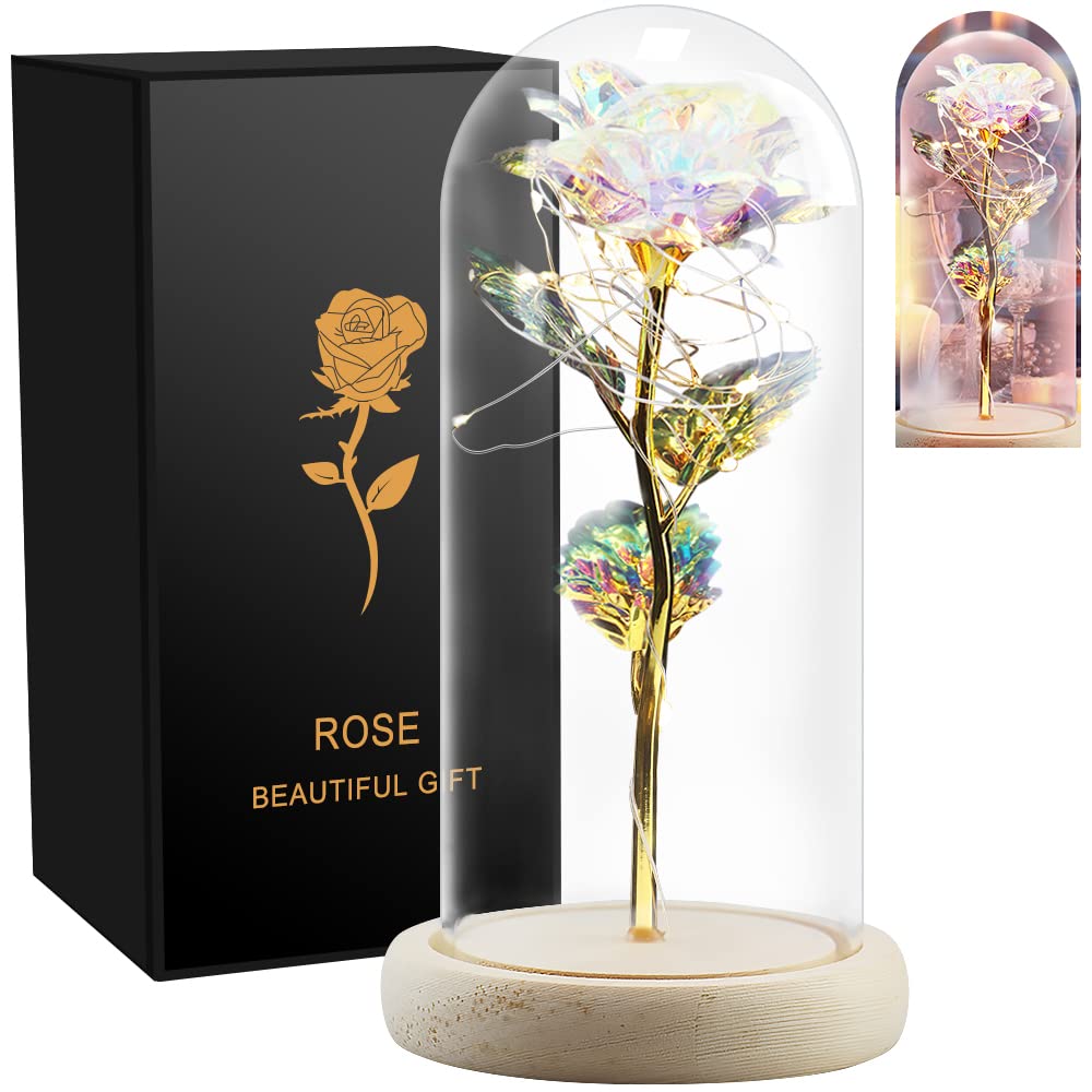 Galaxy Rose in Glass Dome with LED Lights - Eternal Rose Gift for Christmas, Mother's Day, Valentine's Anniversary (10.2x5.5x5.5 inch Gold) - Perfect Romantic Home Decor & Wedding Centerpiece