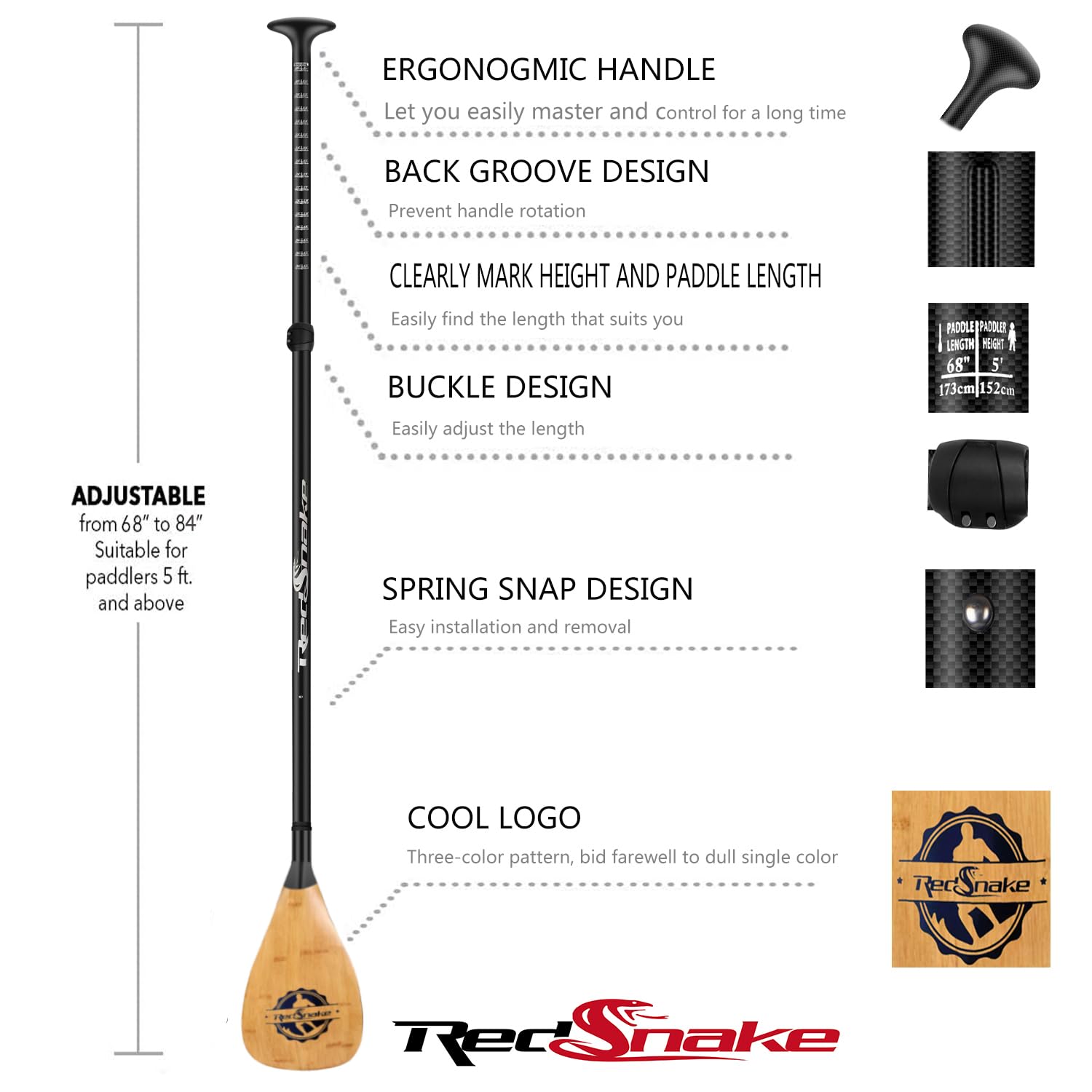 Premium RedSnake Carbon Fiber Stand Up Paddleboard Paddle - 3-Piece Adjustable SUP Oar with Carbon Fiber Blade & Imitation Bamboo Design - Includes Carry Backpack - Perfect for Kayaking, Surfing & Outdoor Water Sports