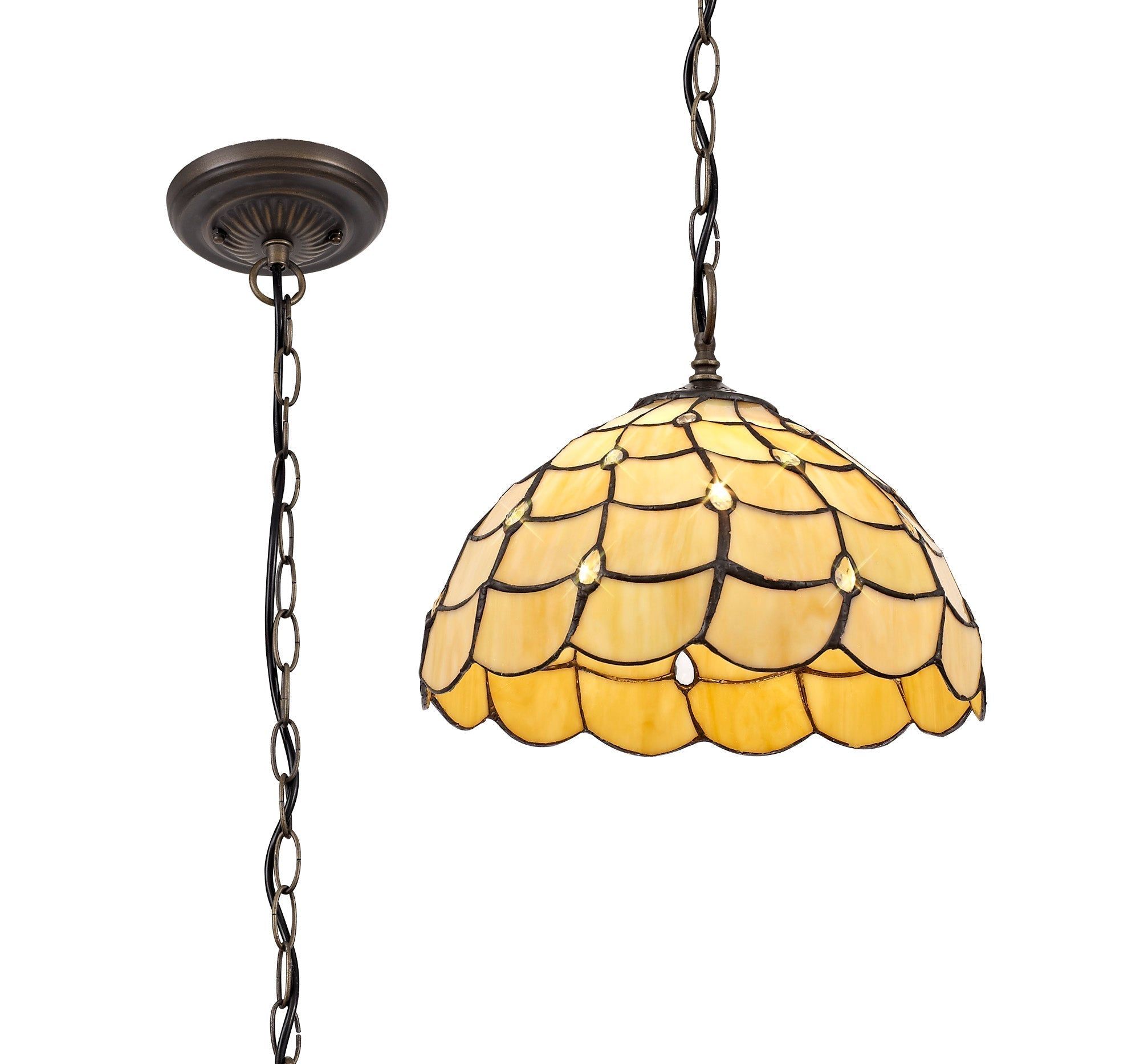 Aero 1 Light Downlighter Pendant with E27 Socket & 30/40/50cm Tiffany Shade - Beige, Clear Crystal, or Aged Antique Brass Finish | Perfect for Dining Room, Bedroom, or Living Room Lighting