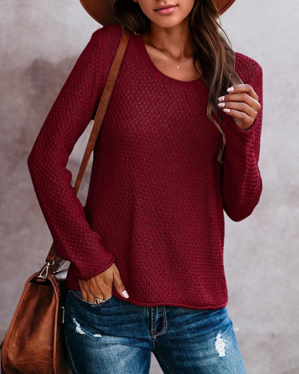 Ebifin Women's Solid Color Crew Neck Pullover Sweater - Lightweight Knit Casual Warm Sweater for Everyday Wear, Office & Fall Outfits