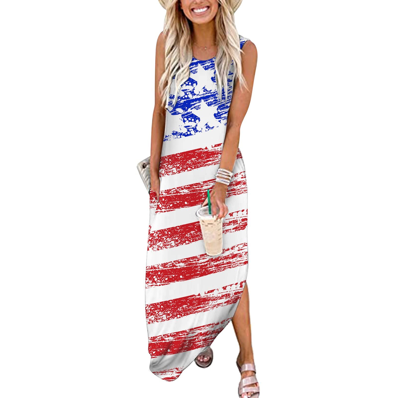 Women's Casual Maxi Dress - Solid Color O-Neck Sleeveless Cami Dress with Pockets | Perfect for Summer, Beach, Vacation & Everyday Wear