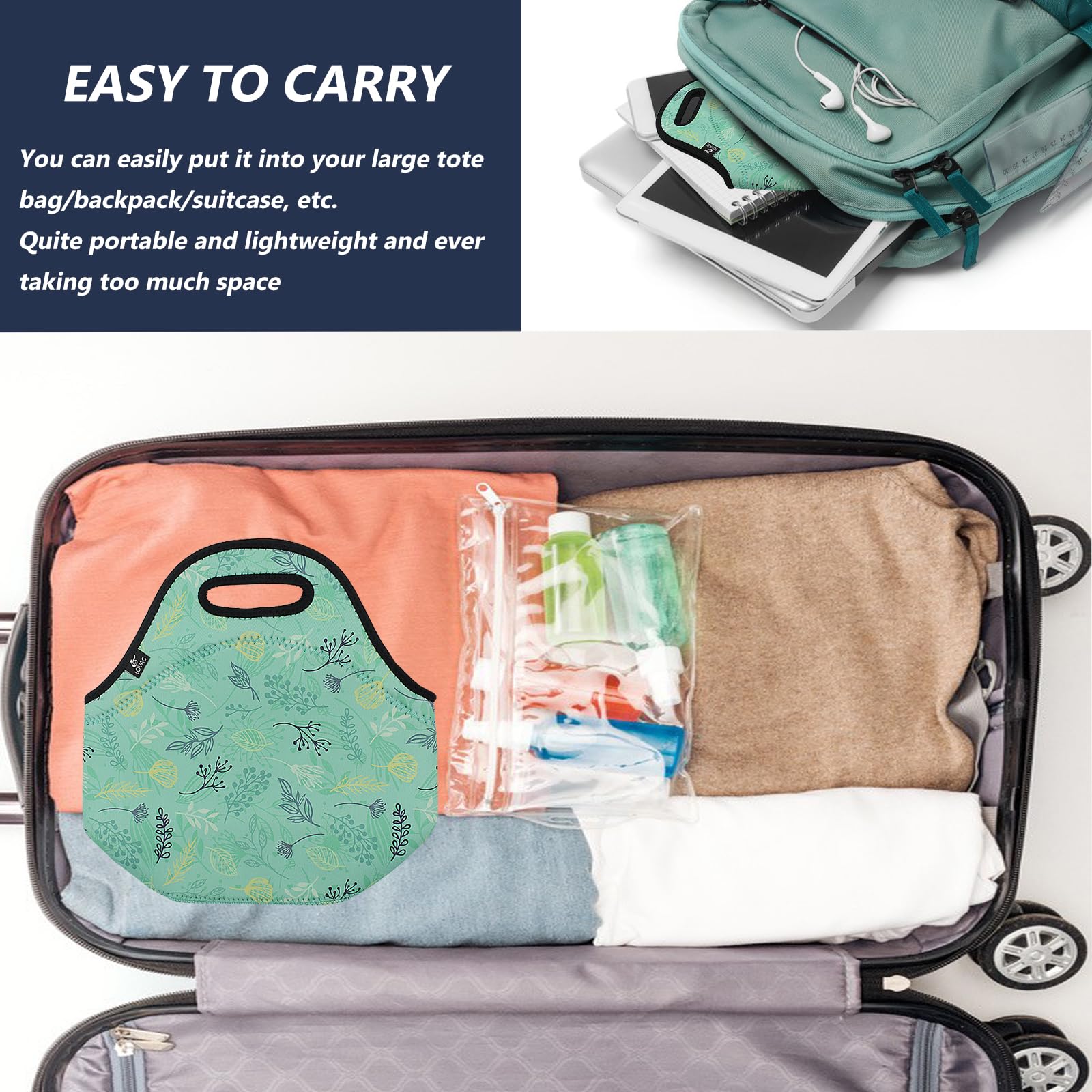LOVAC Neoprene Lunch Bag - Thick Insulated & Waterproof Lunch Tote with Zipper for Work, School, Picnics & Outdoor Travel | Durable & Leakproof Food Container for Office, Hiking & Camping (Leaf Green)