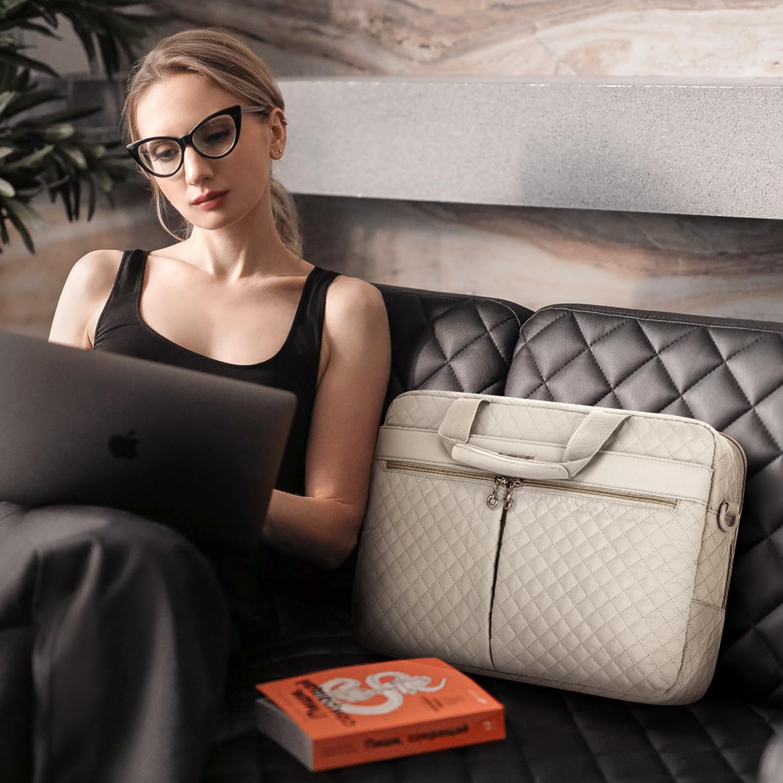 BAGSMART 17.3/15.6 Inch Laptop Bag for Women - Stylish Business Briefcase & Messenger Bag for Office, Travel, Work - Light Beige | Perfect for Commuting, Business Trips & Professional Work Settings