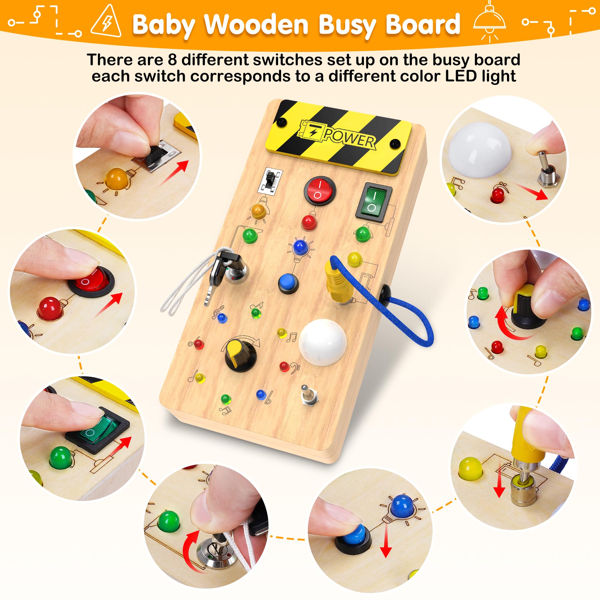 Montessori Busy Board - Wooden Sensory Toy with Light Switch for Toddlers 1-4 Years - Perfect for Travel & Learning