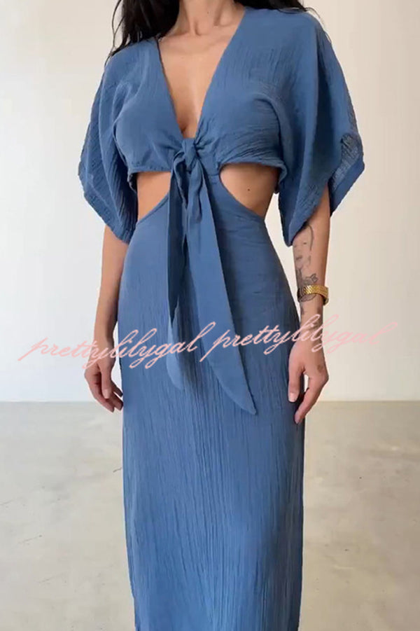 Breathable Linen Blend Slim Fit Lace-Up V-Neck Maxi Dress for Women | Summer Beach Wedding & Casual Outfit