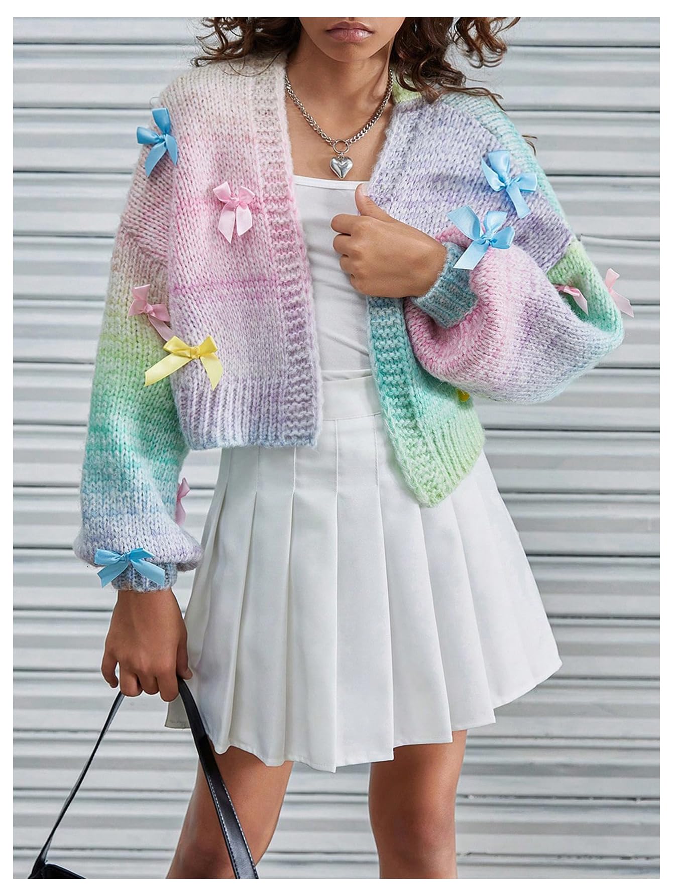 Girl's Ombre Bow Decor Open Front Cardigan - Long Sleeve Crochet Sweater for Spring & Fall - Perfect for School, Parties, and Casual Outings
