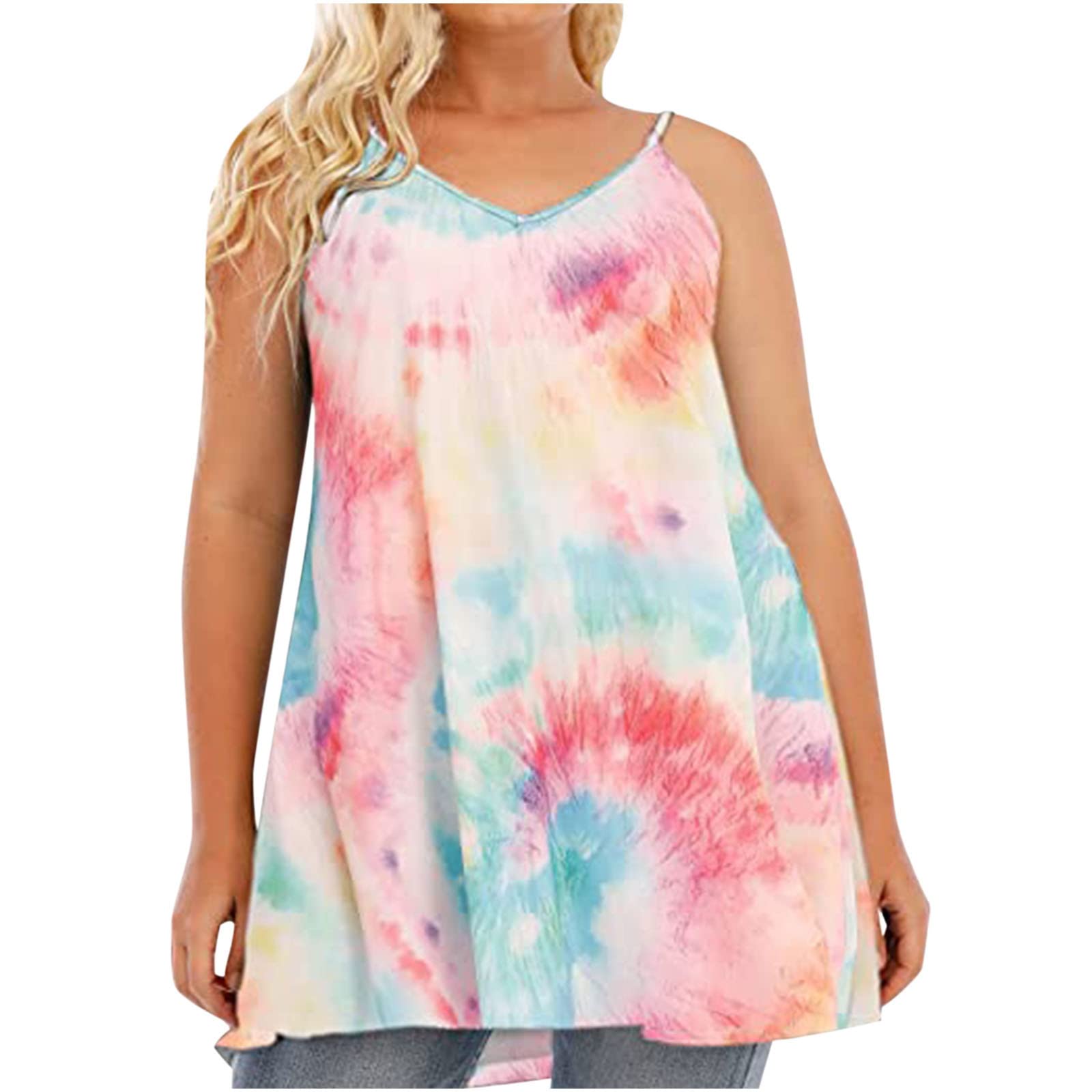 Plus Size Tank Tops for Women - Oversized V Neck Sleeveless Cami Tops with Tie Dye Pattern | Summer Casual Wear, Beach Cover Up, Yoga & Lounge Outfits