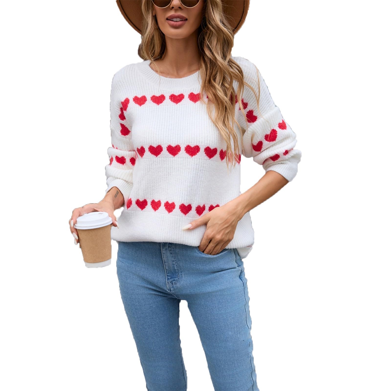 KIKX0DE Women's Valentine's Day Sweater - Cute Heart Print Long Sleeve Crewneck Knit Pullover for Casual Wear | Perfect for Date Nights, Gift Giving & Winter Fashion