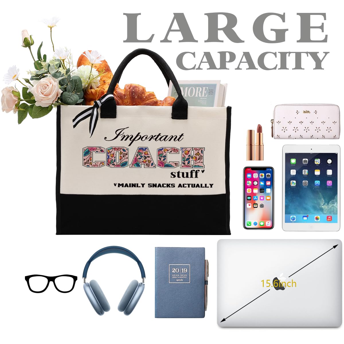 Coach Canvas Tote Bag - Durable Cotton Shoulder Bag for Women | Perfect Gift for Teachers, Beach & Shopping | Stylish Utility Handbag for Work, Travel & Daily Use