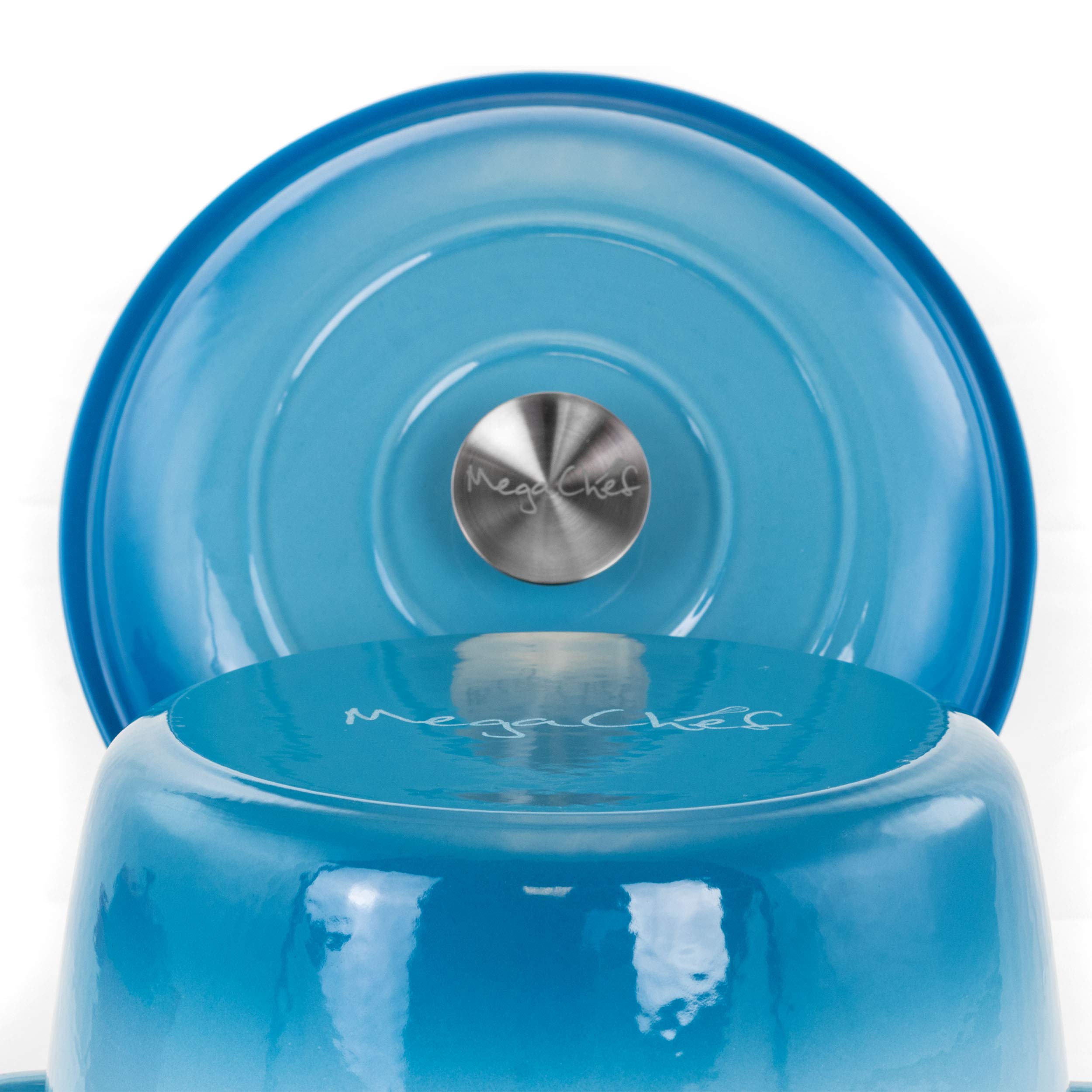 MegaChef 5 Quart Round Enamel Cast Iron Dutch Oven with Lid - Blue Casserole Pot for Baking, Braising & Slow Cooking - Perfect for Soups, Stews & Family Dinners