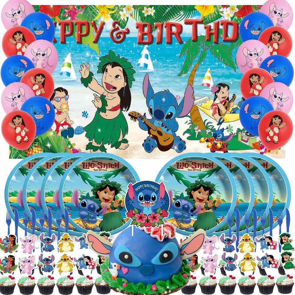 Lilo and Stitch Party Supplies Set - 24-Piece Birthday Decorations Kit with Plates, Banner, Cake Topper, Backdrop for Kids Birthday Party, Baby Shower, Themed Events
