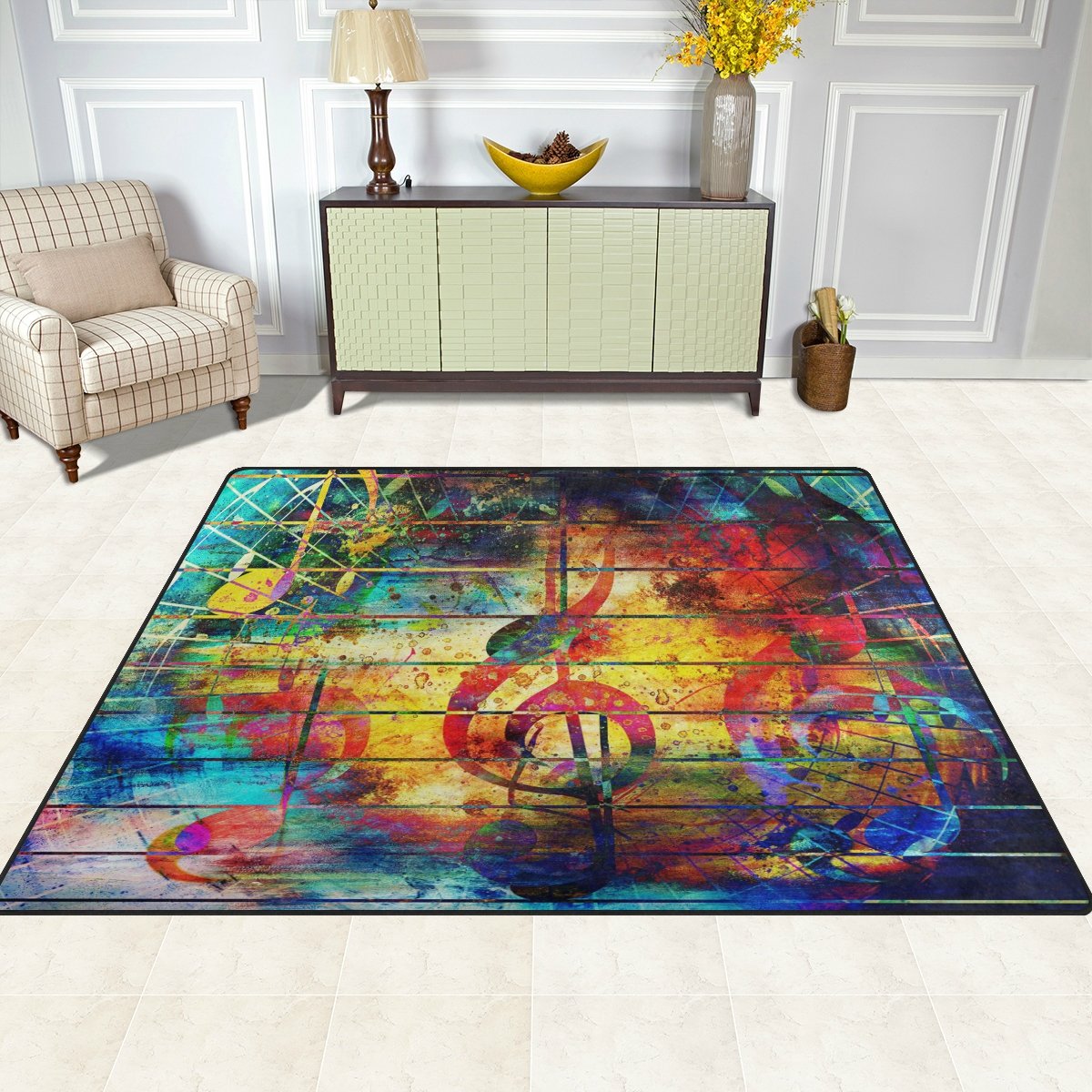 ALAZA Shabby Chic Music Note Abstract Area Rug - 7' x 5' Non-Slip Living Room & Bedroom Rug - Perfect for Boho Home Decor, Nursery, and Dorm Room