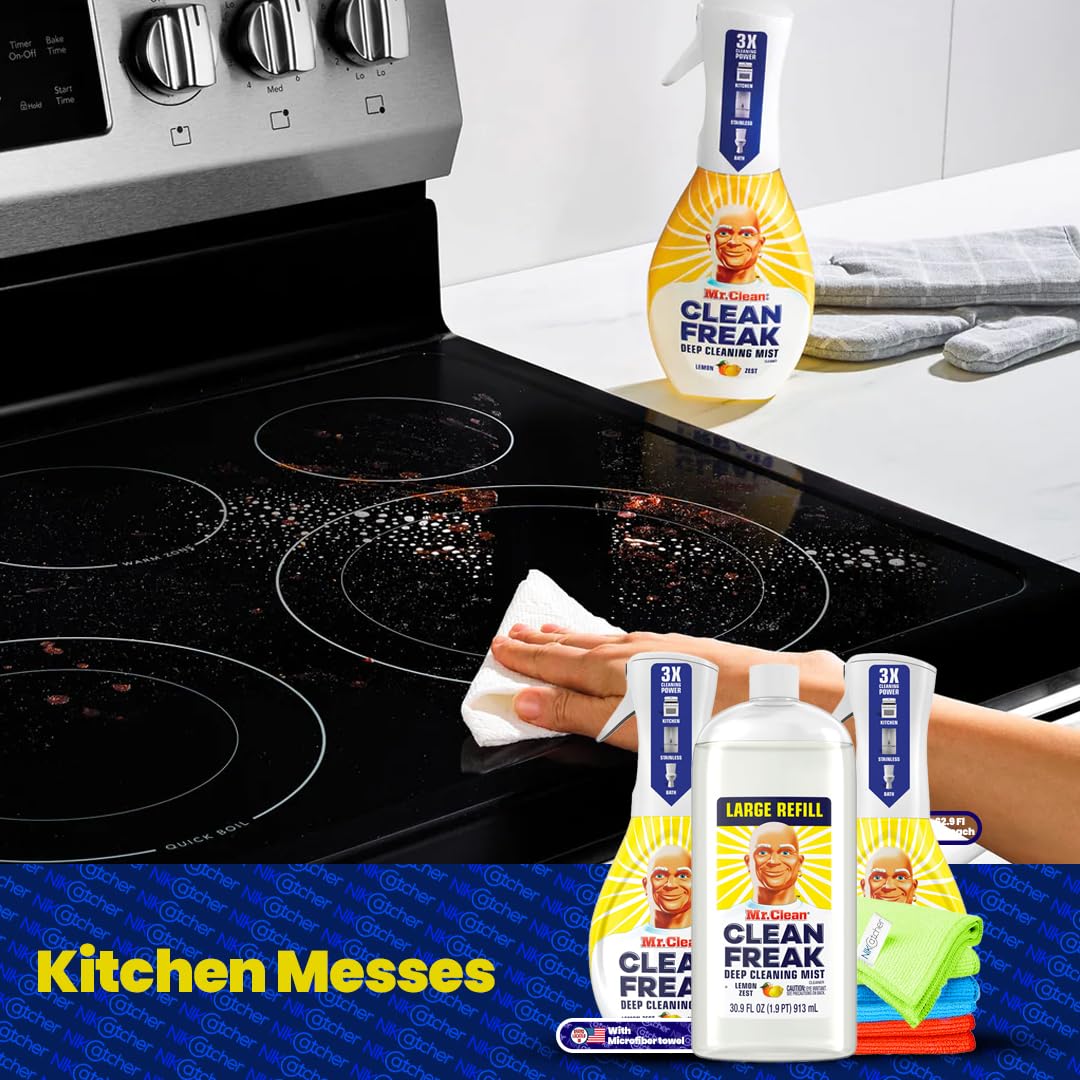 Mr. Clean Clean Freak Multi-Surface Spray & Refill Lemon Zest (62.9 fl oz) with 3-Pack Microfiber Cloths - All-Purpose Cleaning Kit for Kitchen, Bathroom, Floors & Home Surfaces - Household Cleaning Essentials