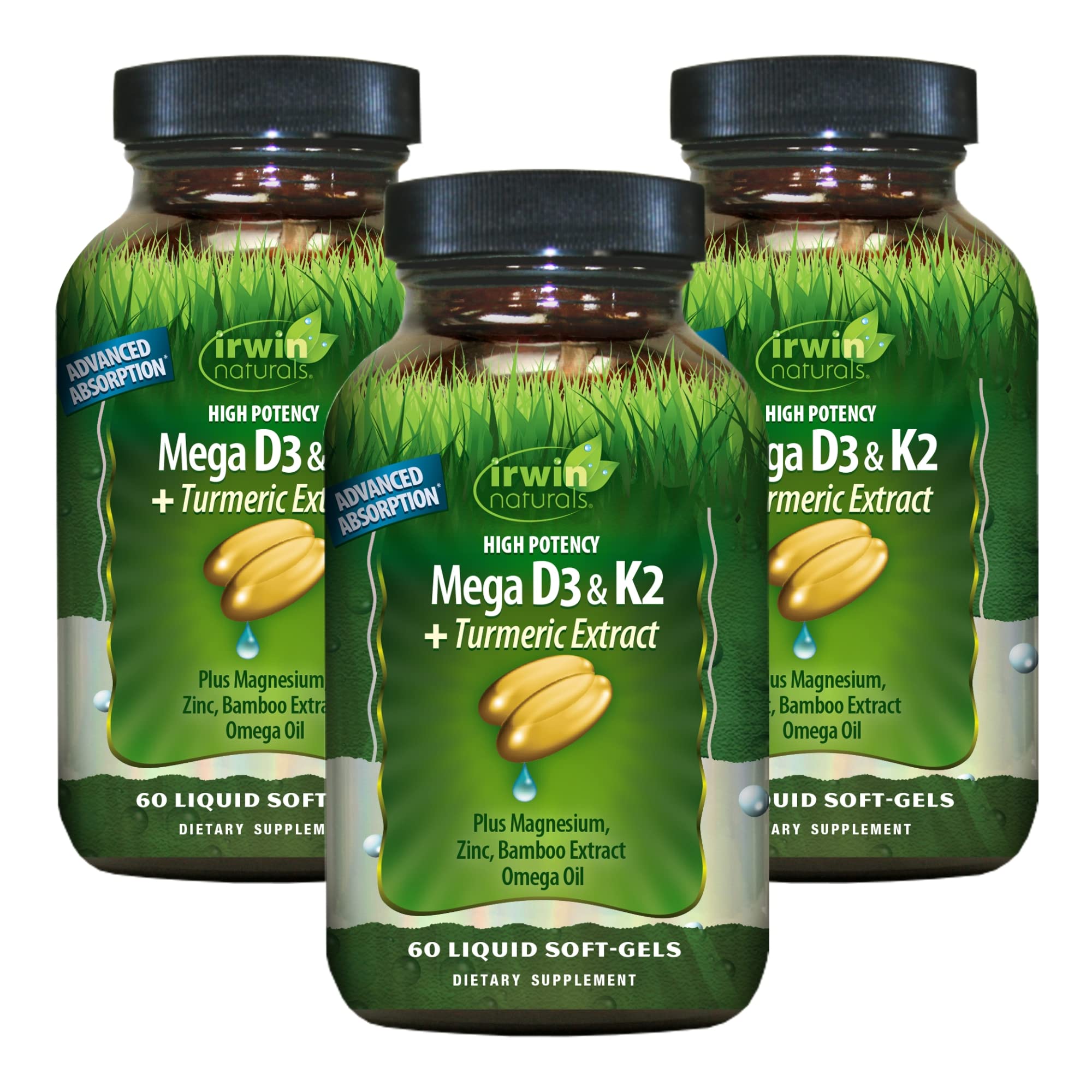 Irwin Naturals High Potency Mega D3 & K2 + Turmeric Extract - 60 Liquid Soft-Gels (Pack of 3) - Supports Bone Health & Immune System - 90 Total Servings - Ideal for Daily Wellness & Joint Support