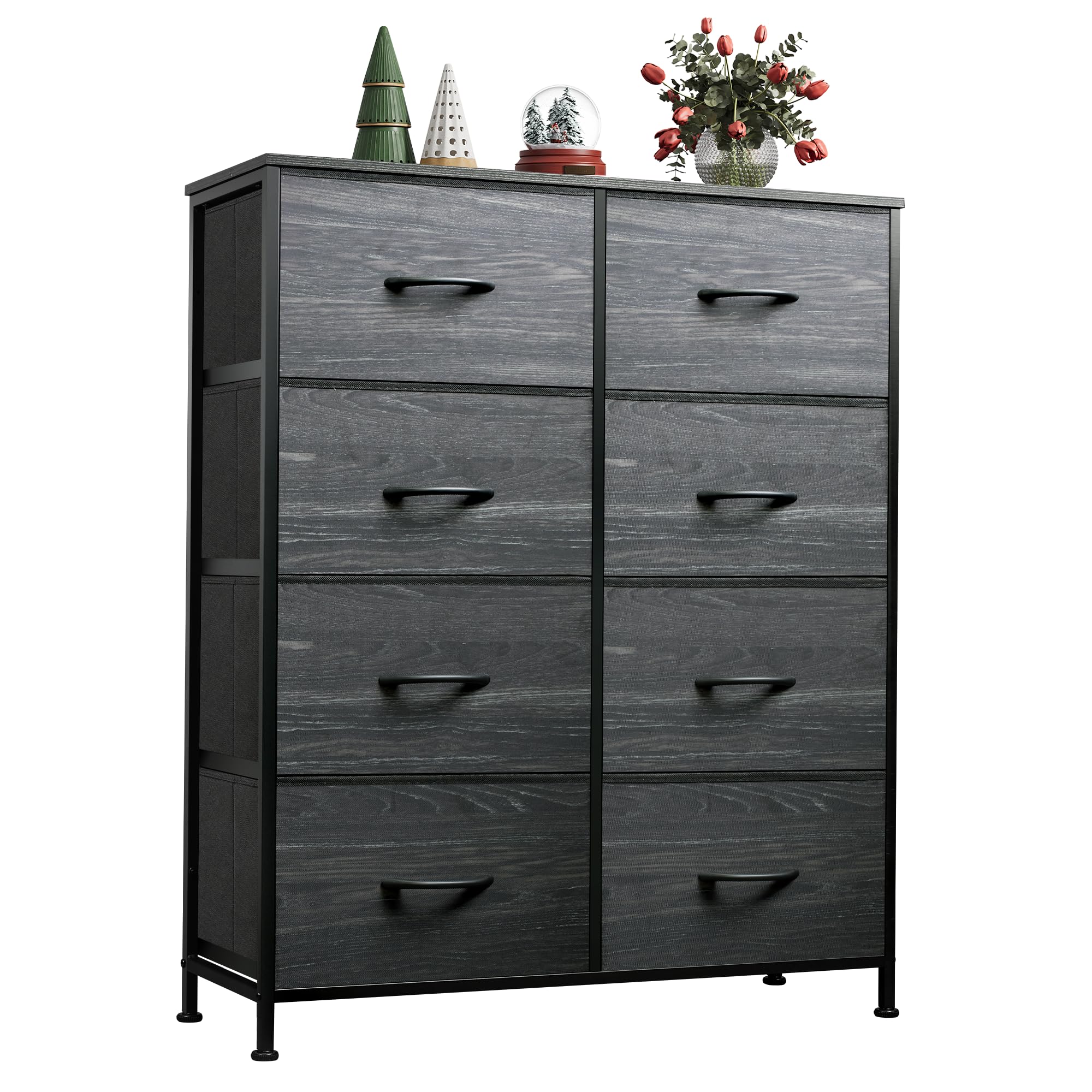 WLIVE 8-Drawer Tall Fabric Dresser for Bedroom Storage - Double Dresser Chest with Bins for Closet, Living Room & Hallway - Charcoal Black Wood Grain Print - Perfect for Organizing Clothes, Toys & Home Essentials