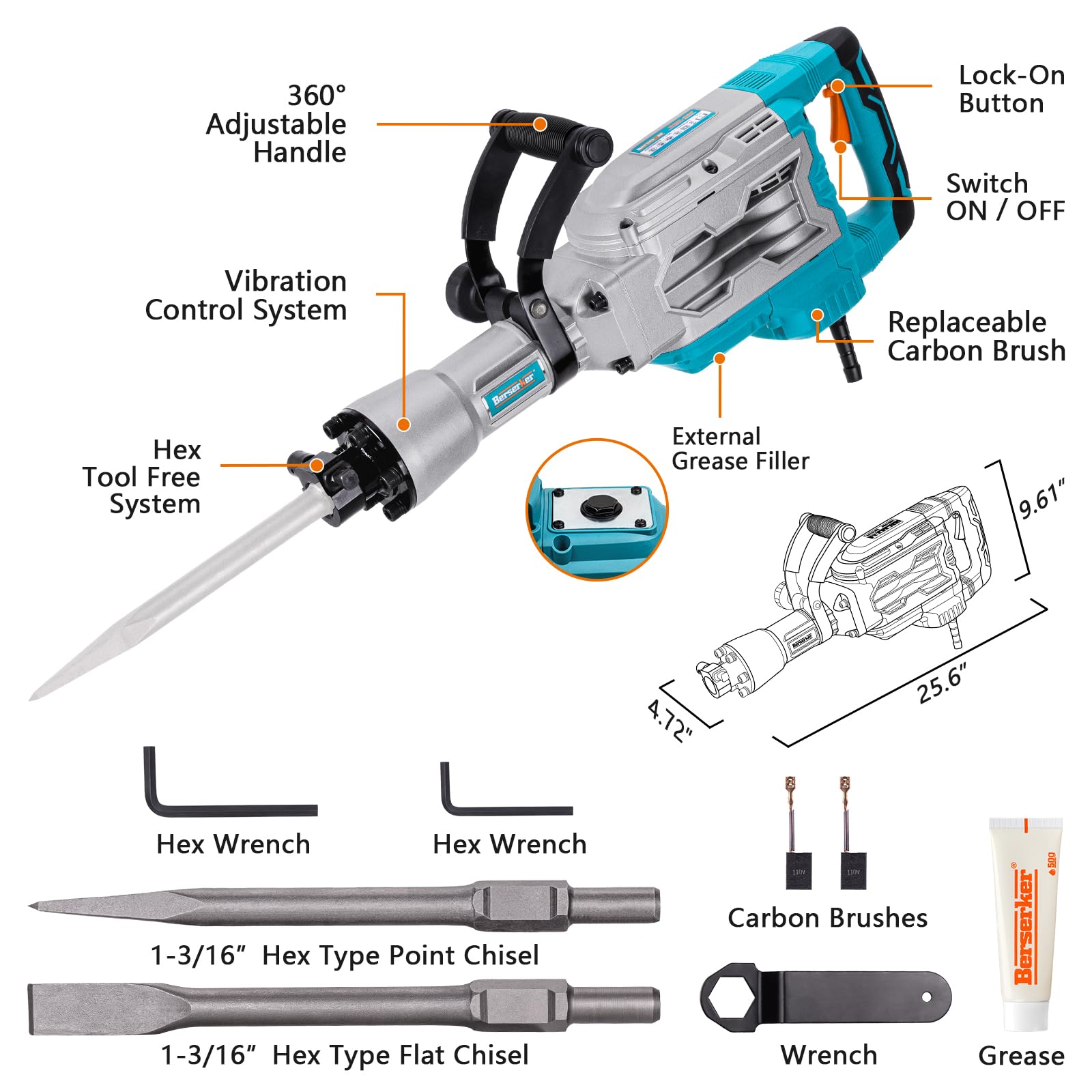 Berserker 1700W 30-Pound Electric Demolition Jack Hammer - 14-Amp Heavy Duty Concrete Breaker with 1-3/16