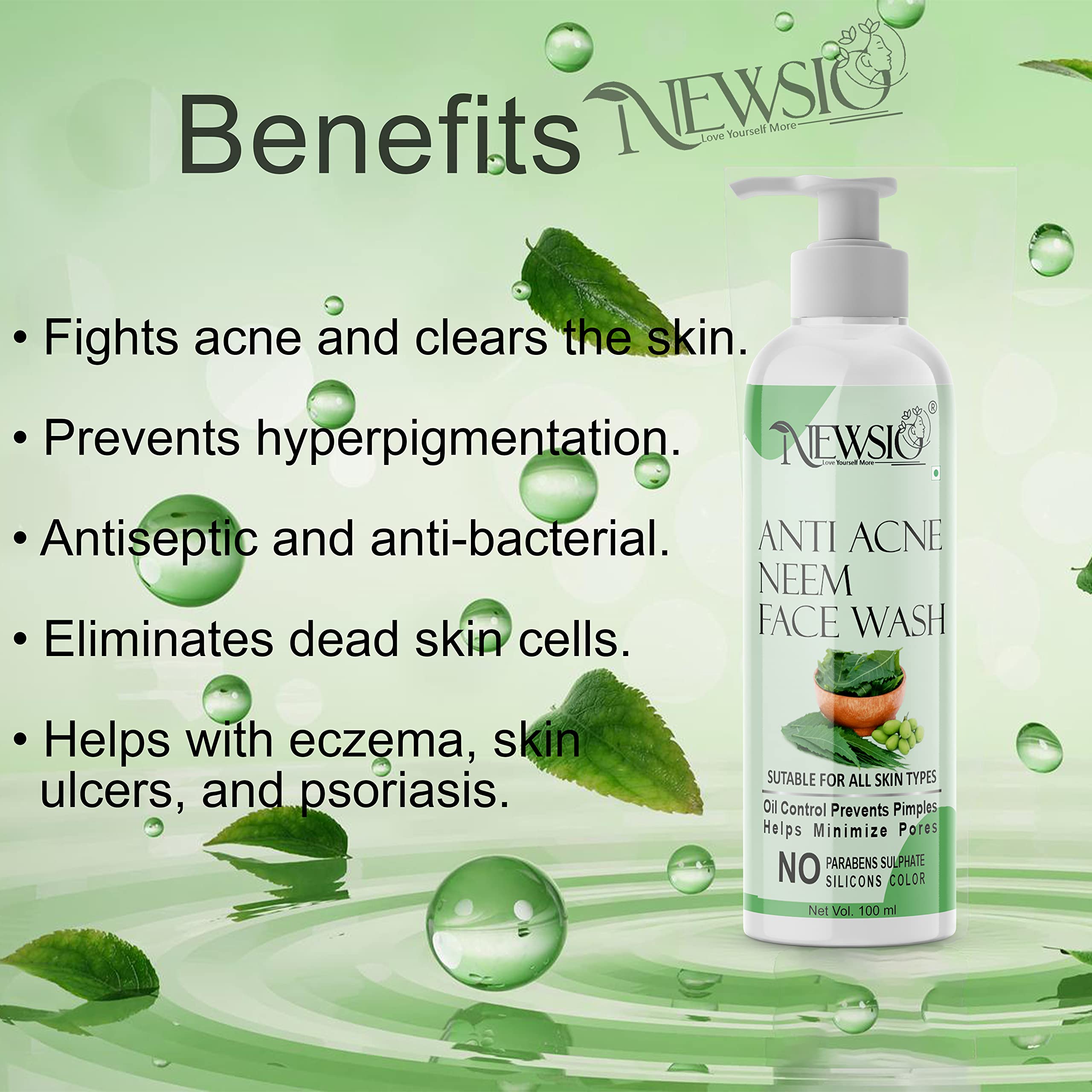 Newsio Anti Acne Neem Face Wash for Oily Skin - Tea Tree & Aloe Vera Formula for Pimple Marks Removal & Glowing Skin | Daily Cleanser for Acne-Prone Skin, Blackhead Treatment & Clear Complexion | Perfect for Morning & Night Skincare Routine