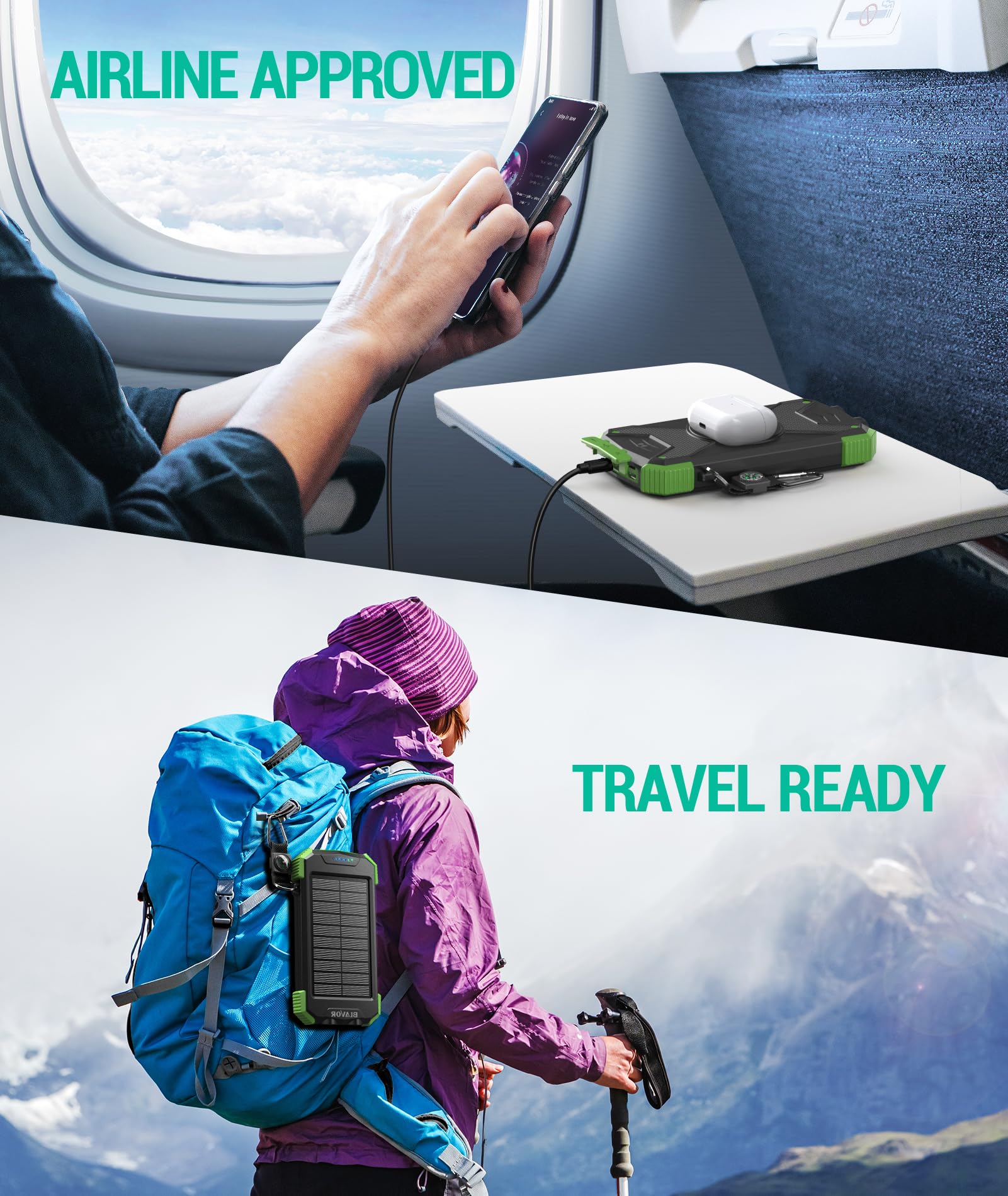 BLAVER 10,000mAh Solar Power Bank with Wireless Charging & 20W Fast Charge | Portable External Battery Pack with USB-C for iPhone, Samsung | Solar Panel Charger with Dual Flashlights for Camping, Hiking & Outdoor Adventures