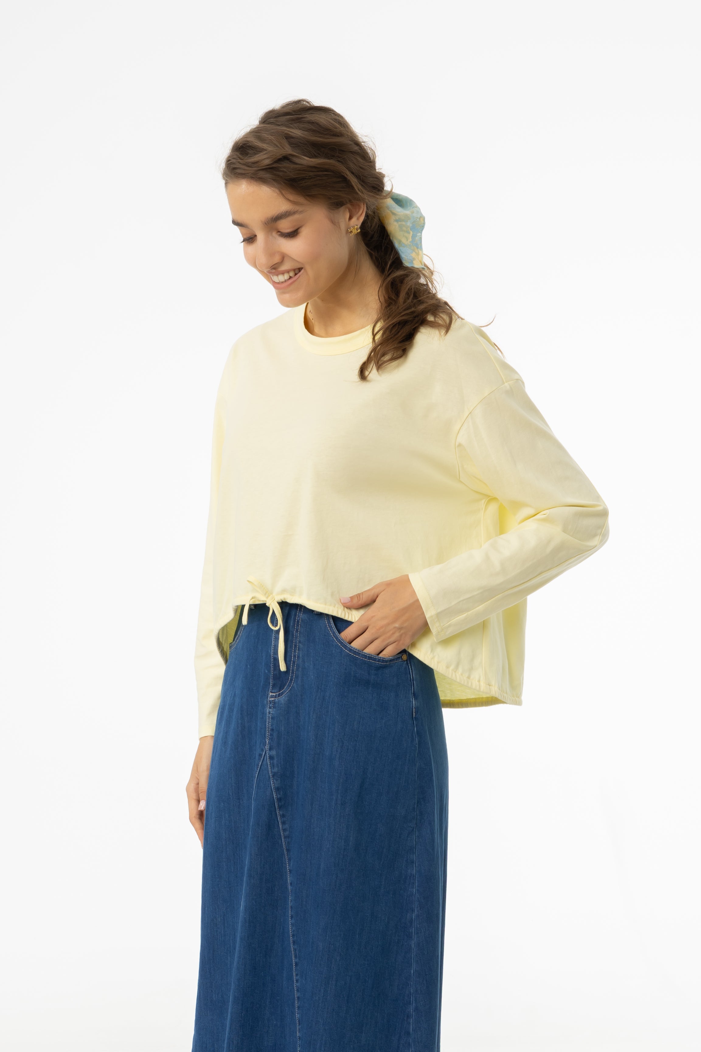 Trendy Yellow High Low Drawstring Tee for Women - Casual & Chic Summer T-Shirt | Perfect for Beach, Outing, and Everyday Wear