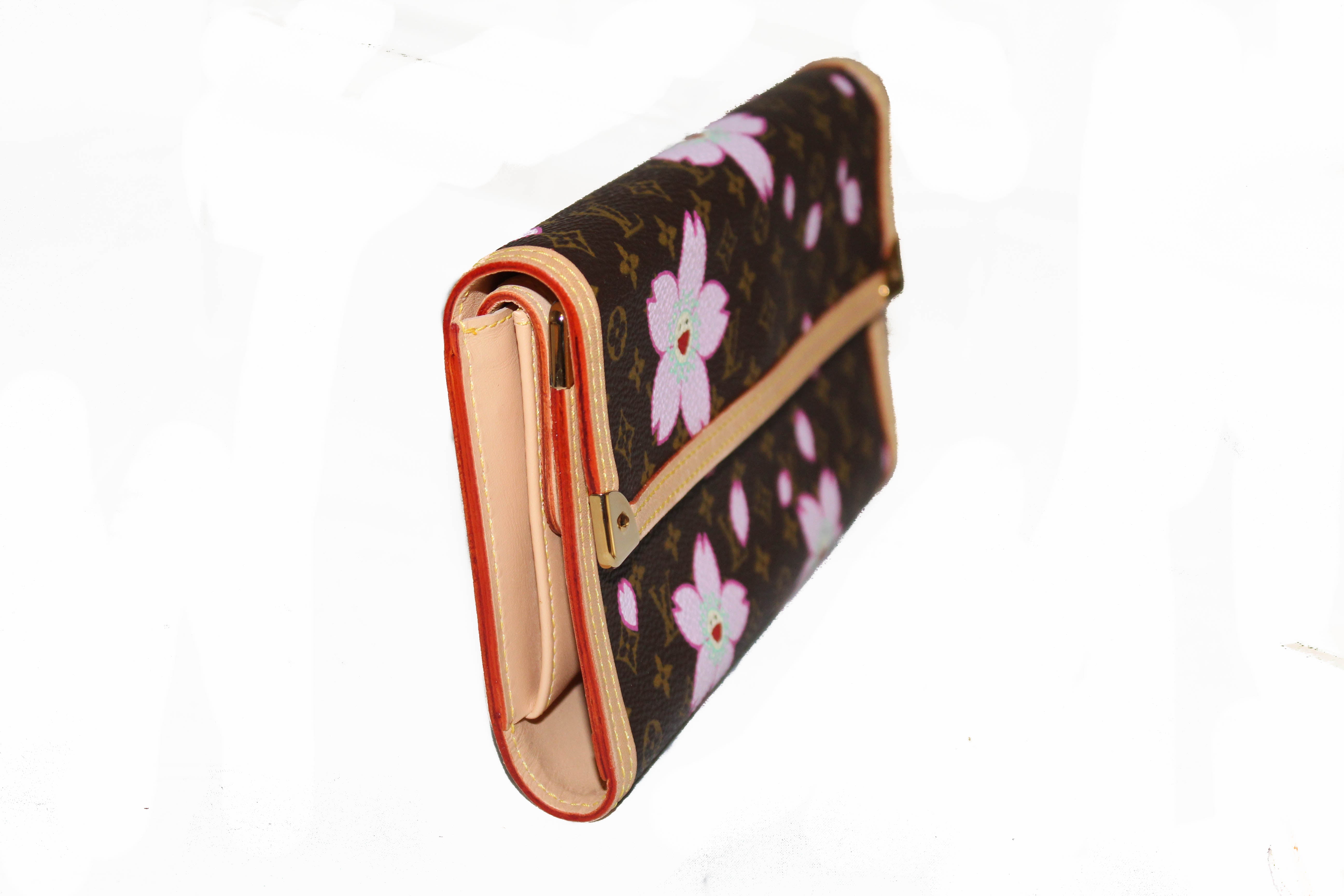 Authentic Louis Vuitton Brown Cherry Blossom Tri-Fold Wallet | Genuine Leather PTI Wallet for Women | Perfect for Everyday Use & Gift Giving