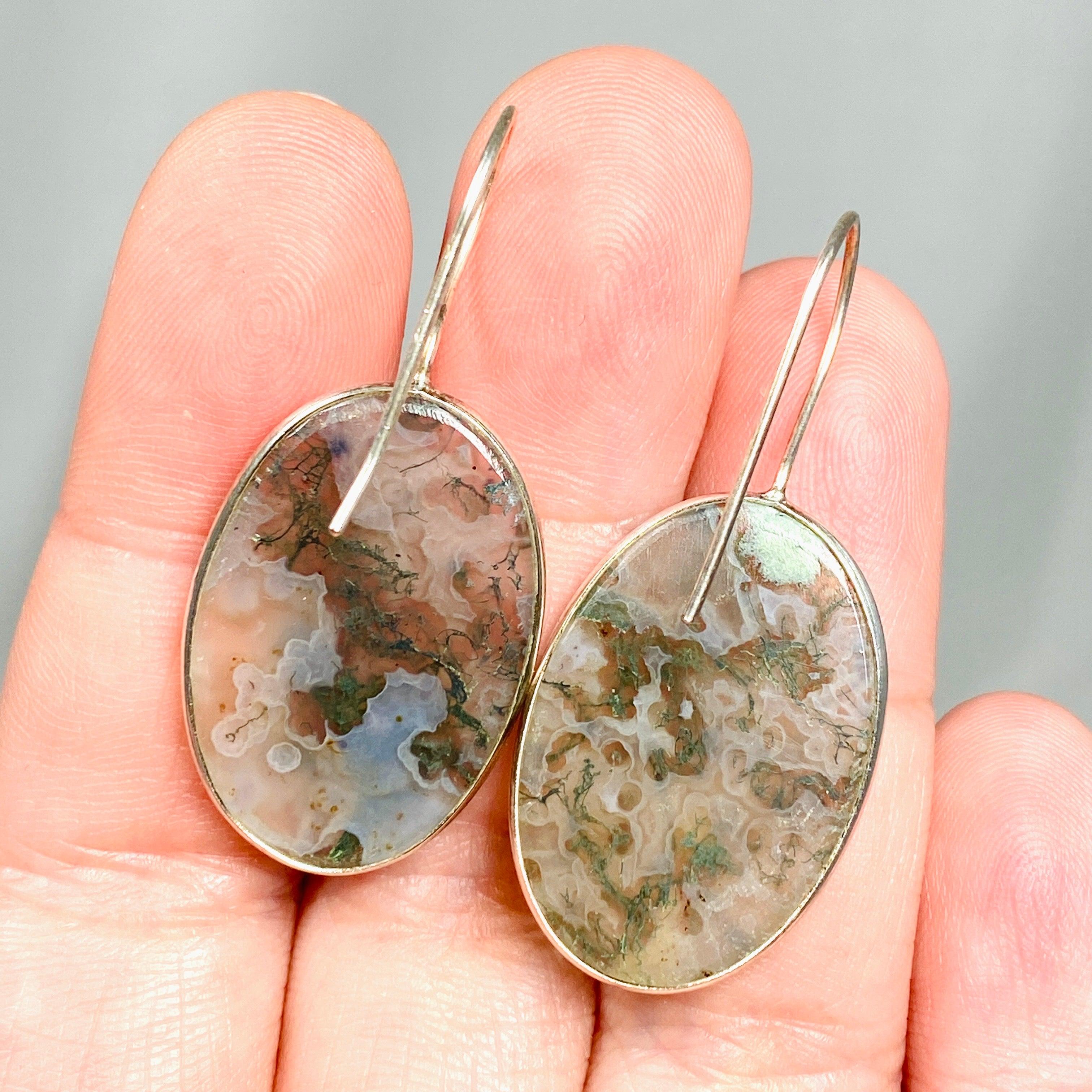 Natural Moss Agate Oval Dangle Earrings with Sterling Silver Hooks - Elegant Boho Jewelry for Women | Perfect for Weddings, Parties & Everyday Wear