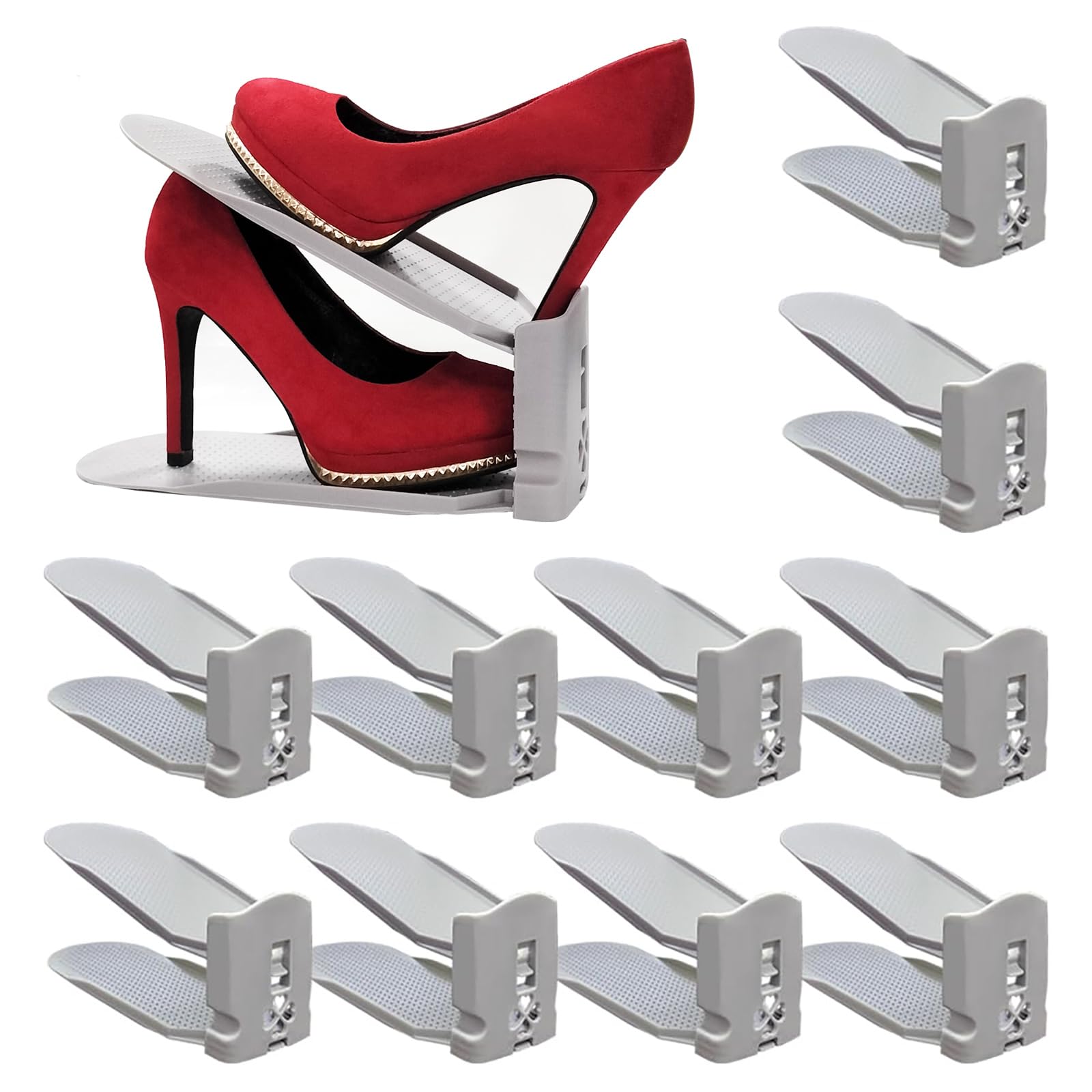 10-Pack Adjustable Shoe Rack Organizer for Closet - Space Saving Gray Shoe Storage Shelves for Sneakers, Heels & Boots | Perfect for Bedroom, Entryway & Walk-in Closet Organization