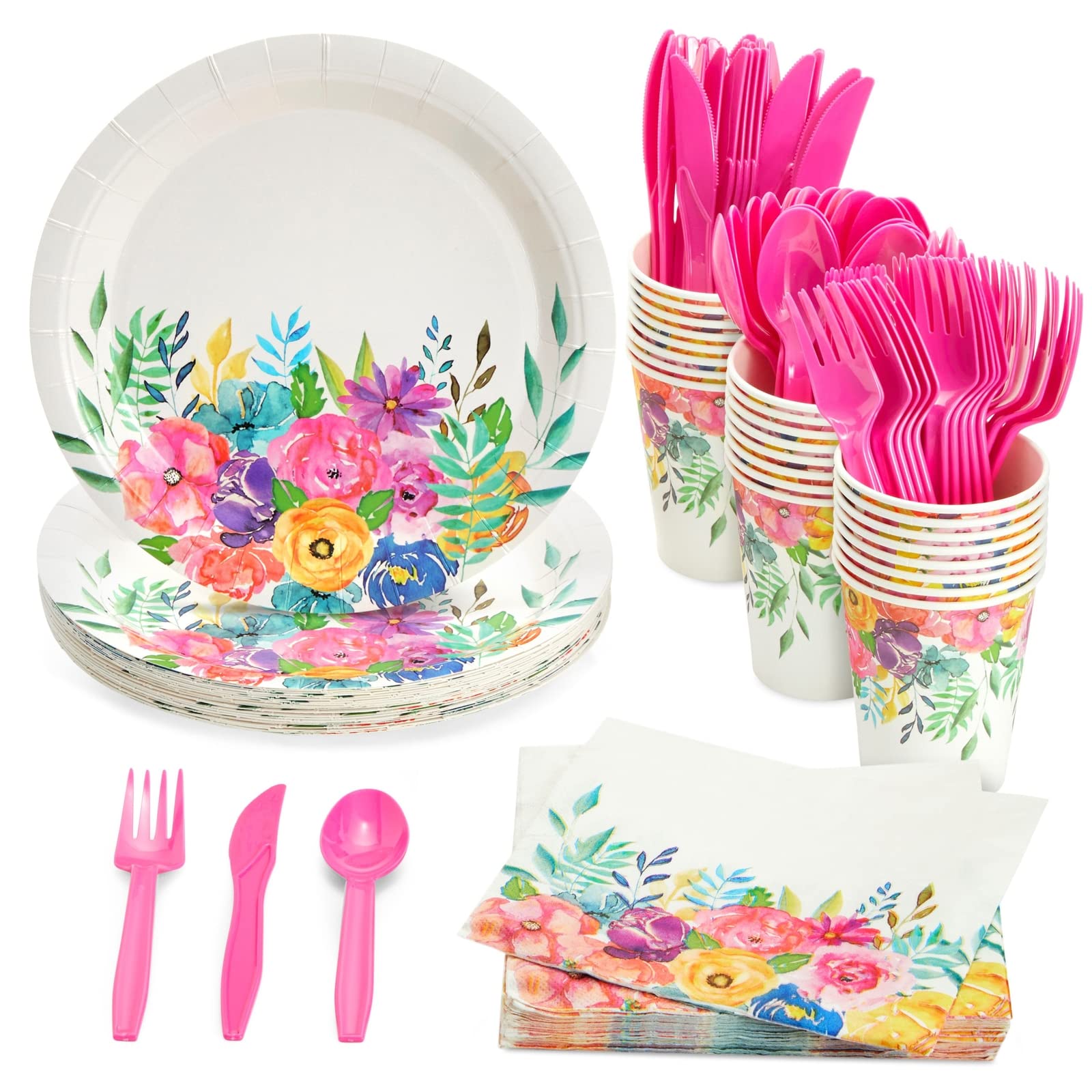 Juvale 144-Piece Floral Tea Party Supplies Set - Elegant Paper Plates, Napkins, Cups & Cutlery for Bridal Shower, Wedding, Baby Shower (Serves 24) | Perfect for Garden Parties, Afternoon Tea & Special Celebrations