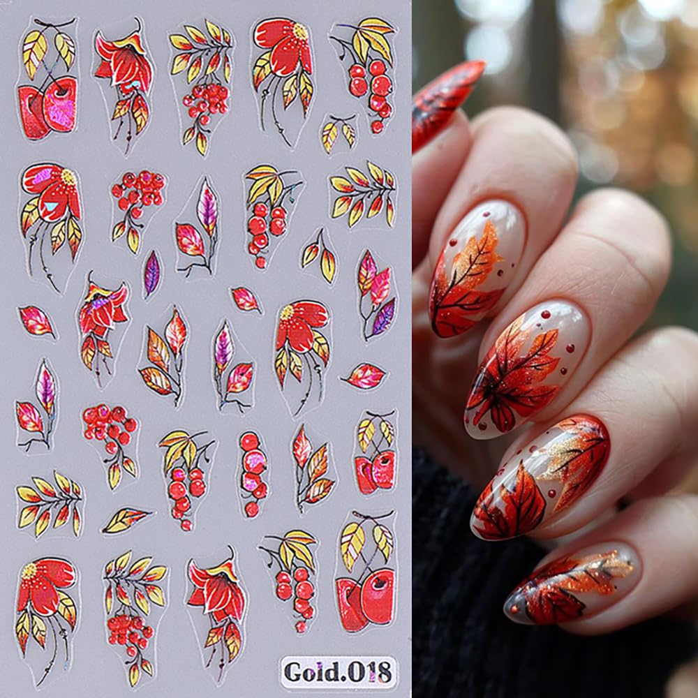 3D Embossed Fall Nail Stickers - Red Gold Maple Leaf Nail Art Decals for Women | Self-Adhesive Autumn Nail Designs | Thanksgiving Nail Accessories (4 Sheets) | Perfect for Halloween, Thanksgiving Parties & Autumn Nail Art