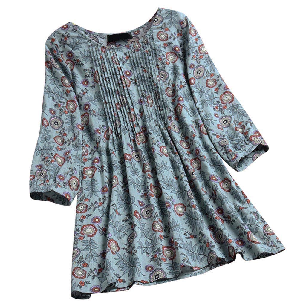 Vedolay Women's Pleated Floral Print V-Neck Loose Tunic Top - Cotton Linen Blend Casual Shirt & Blouse for Women | Perfect for Office, Date Night & Summer Outfits