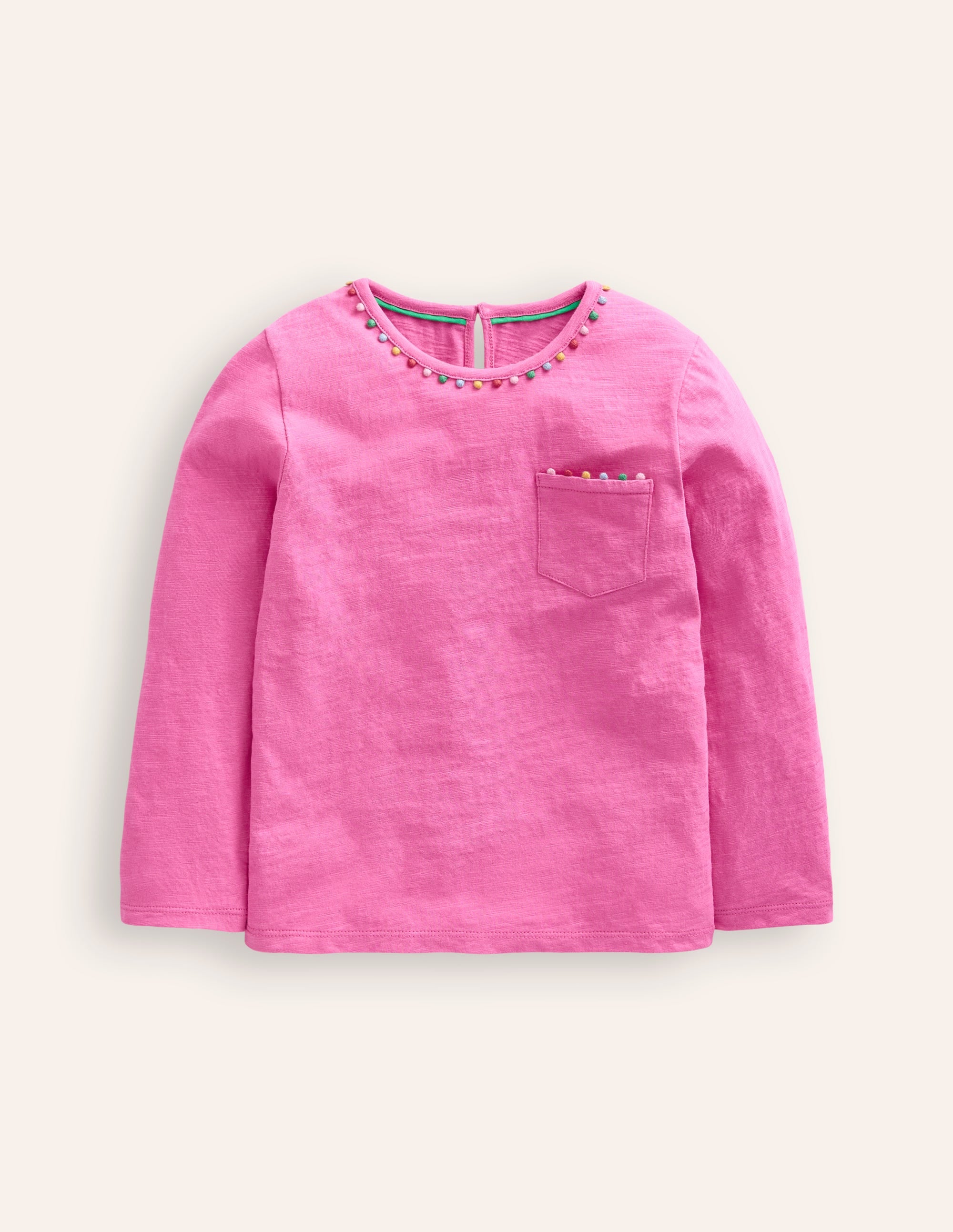 Long Sleeve Pom T-Shirt for Women - Strawberry Pink Cotton Casual Top | Perfect for Fall Fashion, Layering & Everyday Wear
