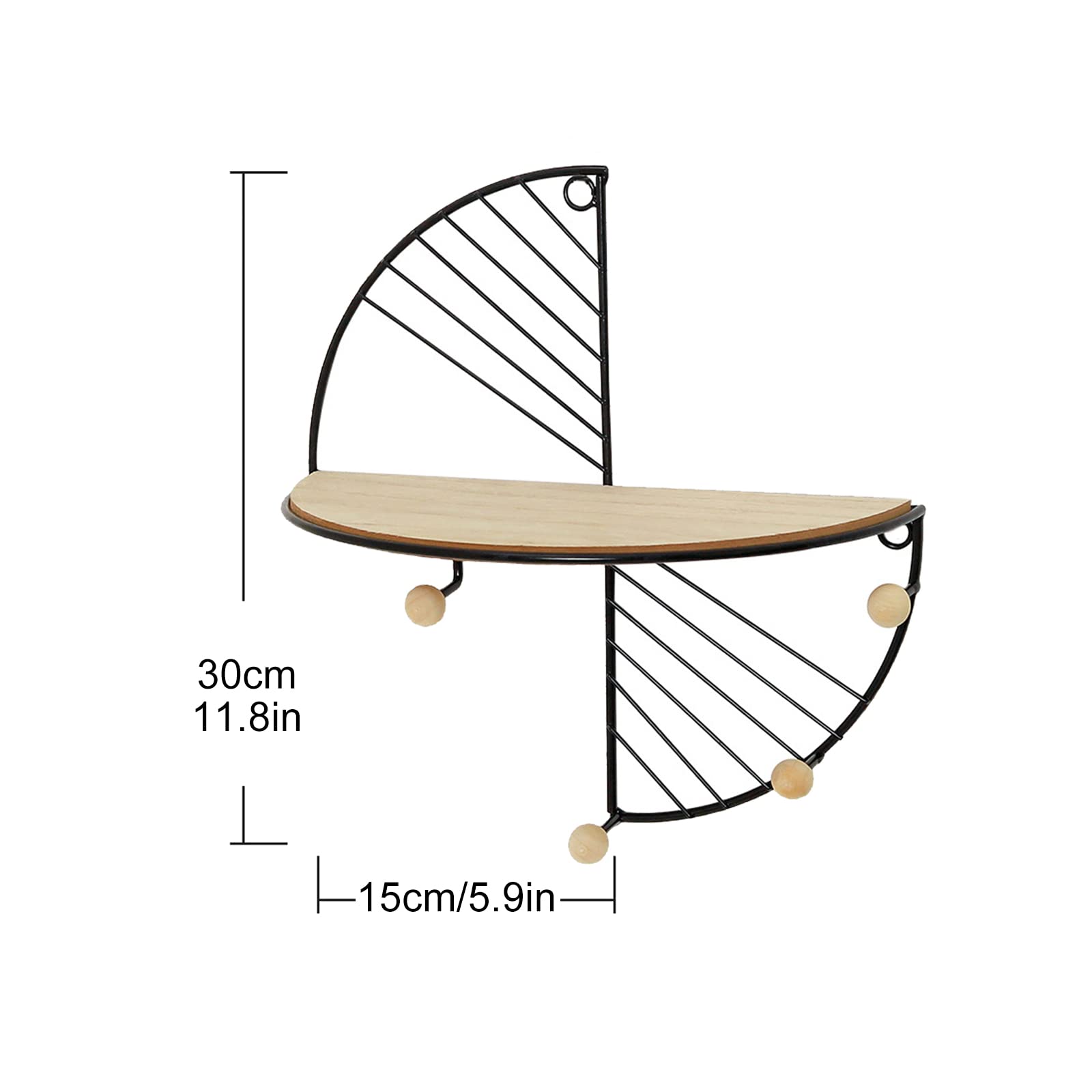 Floating Shelves Wall Mounted - Half Round Wood & Metal Semi-Circle Wall Shelf - Decorative Hanging Shelves for Living Room, Bathroom, Kitchen - Perfect for Displaying Plants, Books & Home Decor