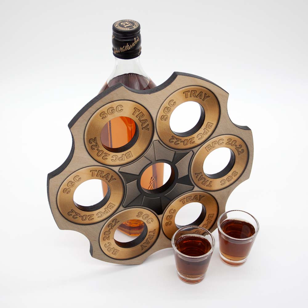 6 Shooter Wooden Shot Glass Holder & Bottle Topper Set - Revolver Cylinder Design for Whiskey, Bourbon, and Tequila - Perfect for Western Themed Parties, Man Cave Decor, and Cowboy Gifts