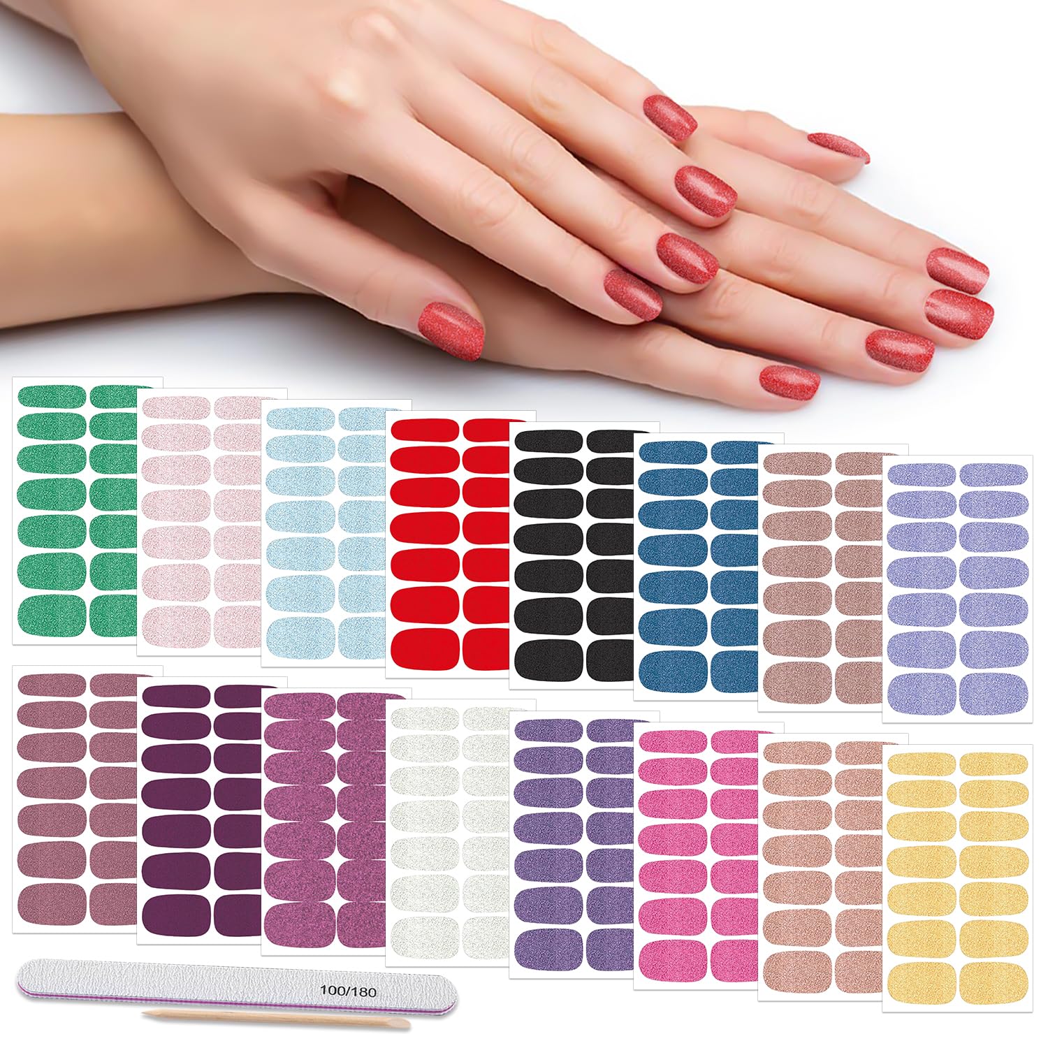DANNEASY 16 Sheets Glitter Nail Polish Strips - Self Adhesive Nail Wraps & Stickers for Women - Gel Nail Art Accessories with Nail File & Cuticle Stick (Bright Colors) - Perfect for Parties, Weddings, Holidays & DIY Manicures at Home