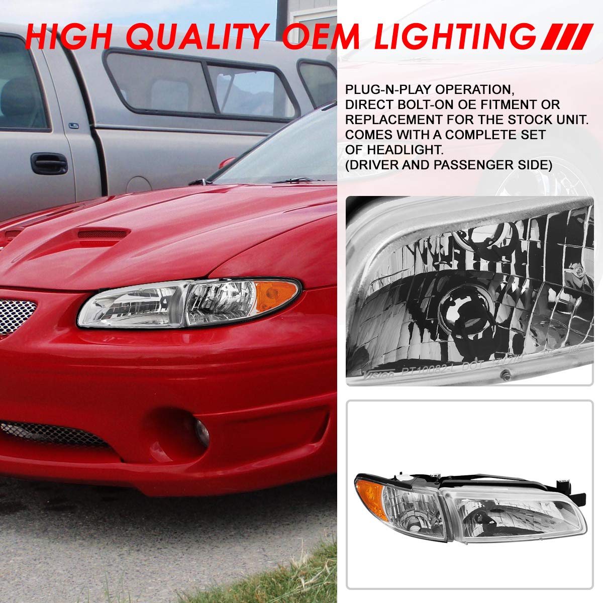 OE Style Chrome Housing Amber Corner Headlights with Turn Signal Lamps - Compatible with Pontiac Grand Prix 1997-2003 - Perfect for Night Driving & Car Restoration Projects