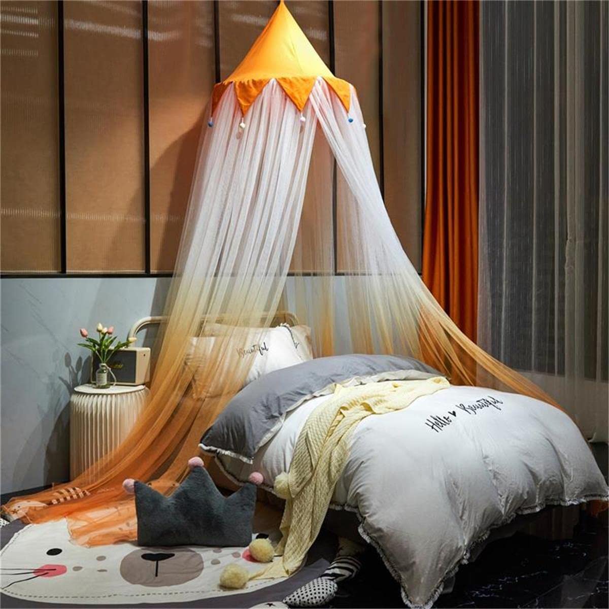 Eimilaly Gradient Orange Bed Canopy with Crown Top Design - Full Size Princess Canopy for Girls & Boys Bedroom Decor, Breathable Mesh Netting - Perfect for Kids' Room, Nursery, or Fantasy Themed Bedrooms