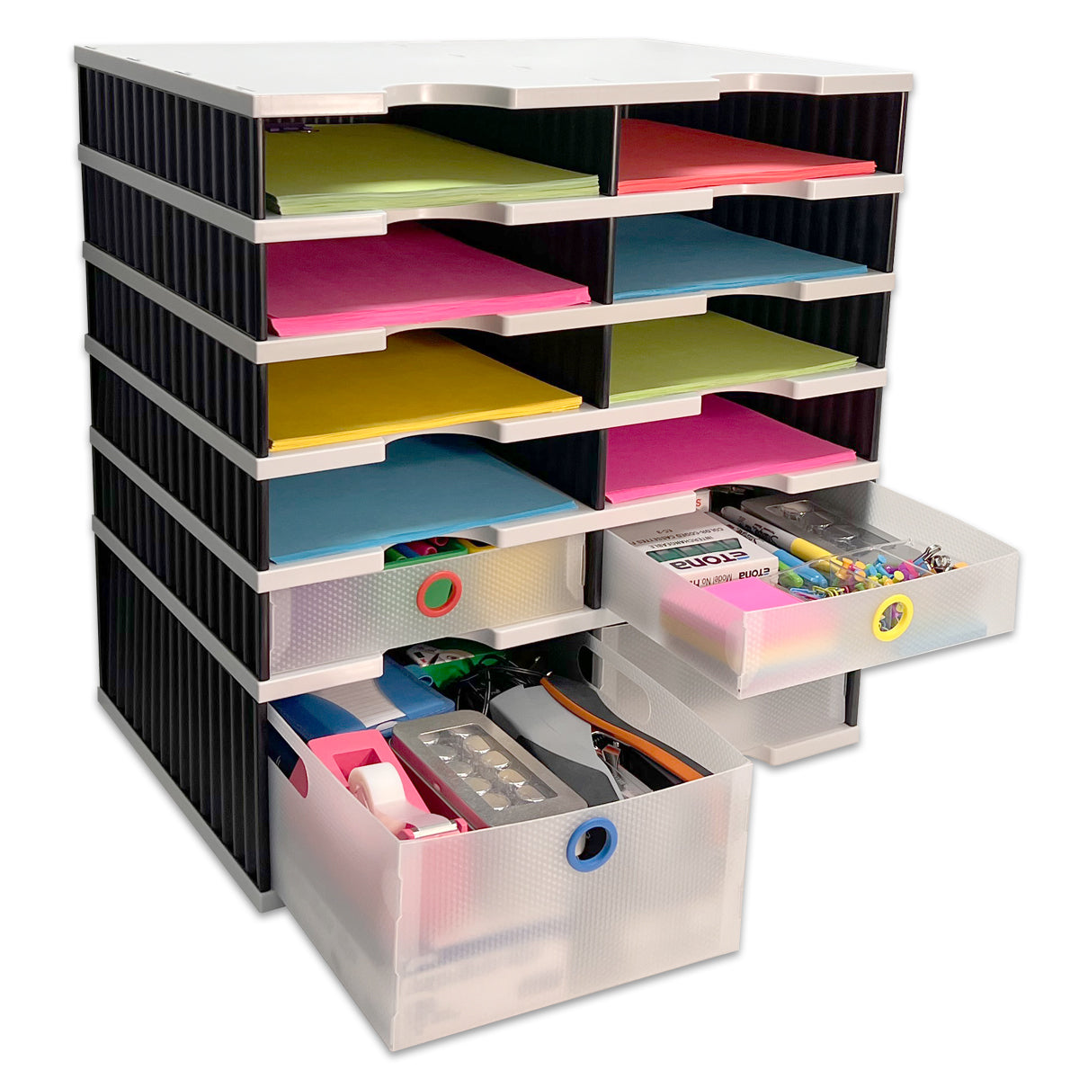 10-Tier Desktop Organizer with Letter Tray Sorter, Riser Base & Storage Drawers - Modular Office Document System for Papers, Files & Supplies | Perfect for Home Office, Workspace & School Organization