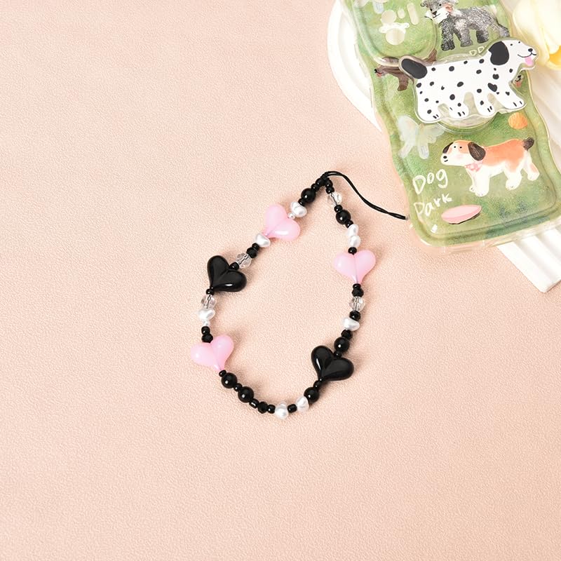 Y2K Phone Charms for Women - Black Pink Heart Beaded Phone Strap for Phone Case, Anti-Lost Wristlet for Girls