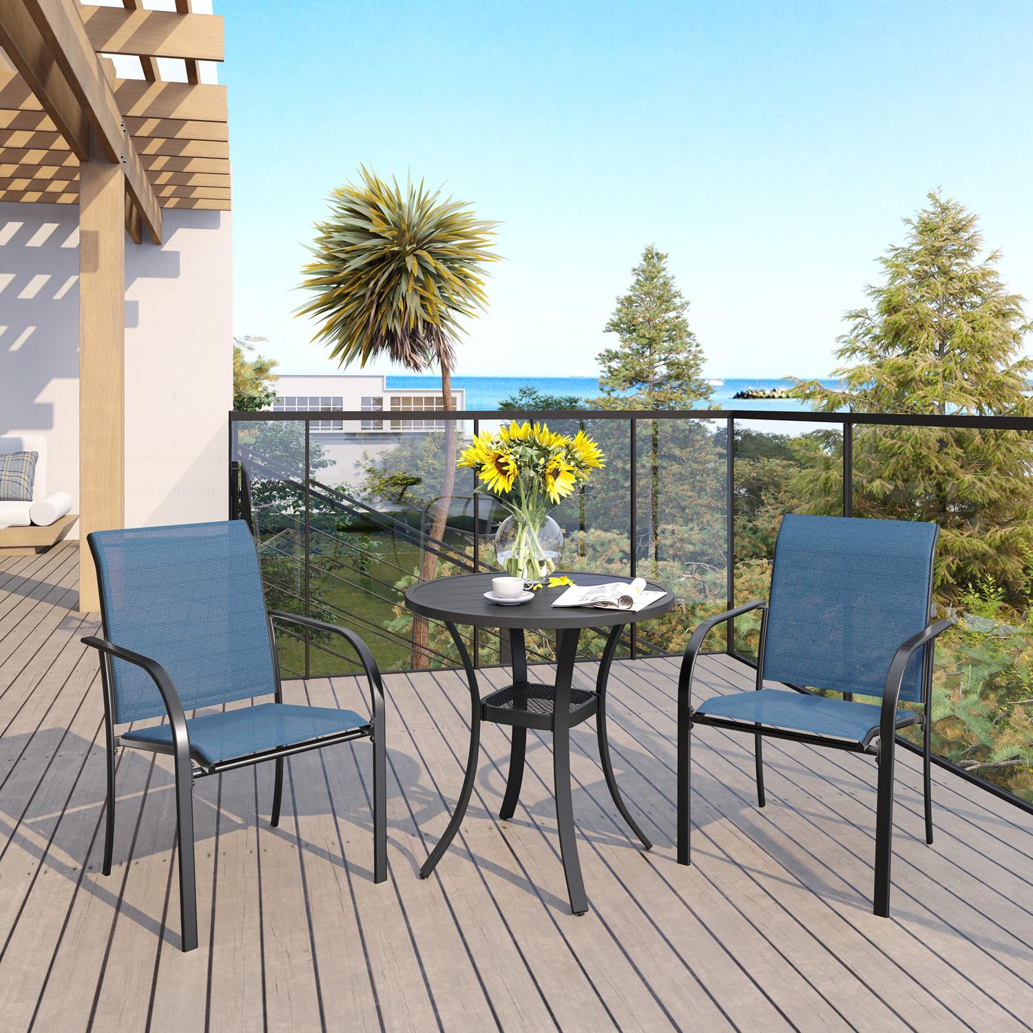 VICLLAX 3-Piece Outdoor Dining Set for 2 - Small Round Bistro Table & 2 Stackable Chairs, Black Table with Blue Chairs - Perfect for Patio, Garden, Balcony or Small Outdoor Spaces