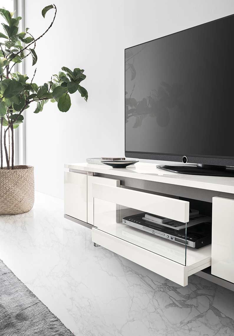 Modern ALF Artemide White Glossy TV Stand with Storage - Sleek Entertainment Center for Living Room, Bedroom & Home Theater