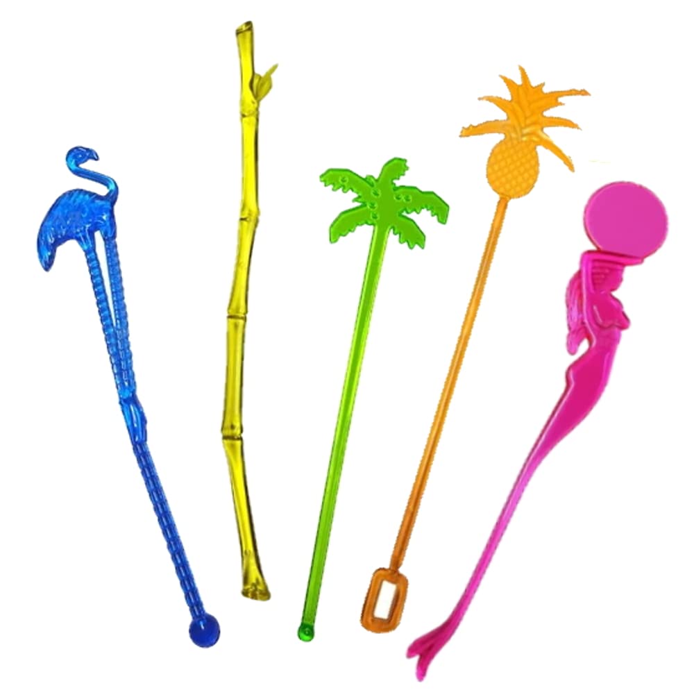 25 Assorted Tropical Luau Tiki Drink Stir Swizzle Sticks Bar - Palm Tree, Margarita, Frozen Drink Cocktail, Flamingo - Perfect for Pool Parties, Hawaiian Themed Events & Summer Cocktail Decorations