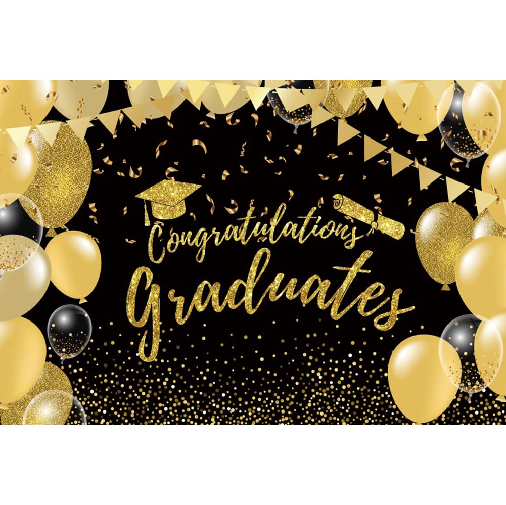 Leyiyi 15x10ft Graduation Photo Backdrop - Black & Gold Congrats Grad Class of 2022 Decor with Golden Balloons | Perfect for Graduation Parties, Prom Photos, Senior Pictures & Celebration Photography Background