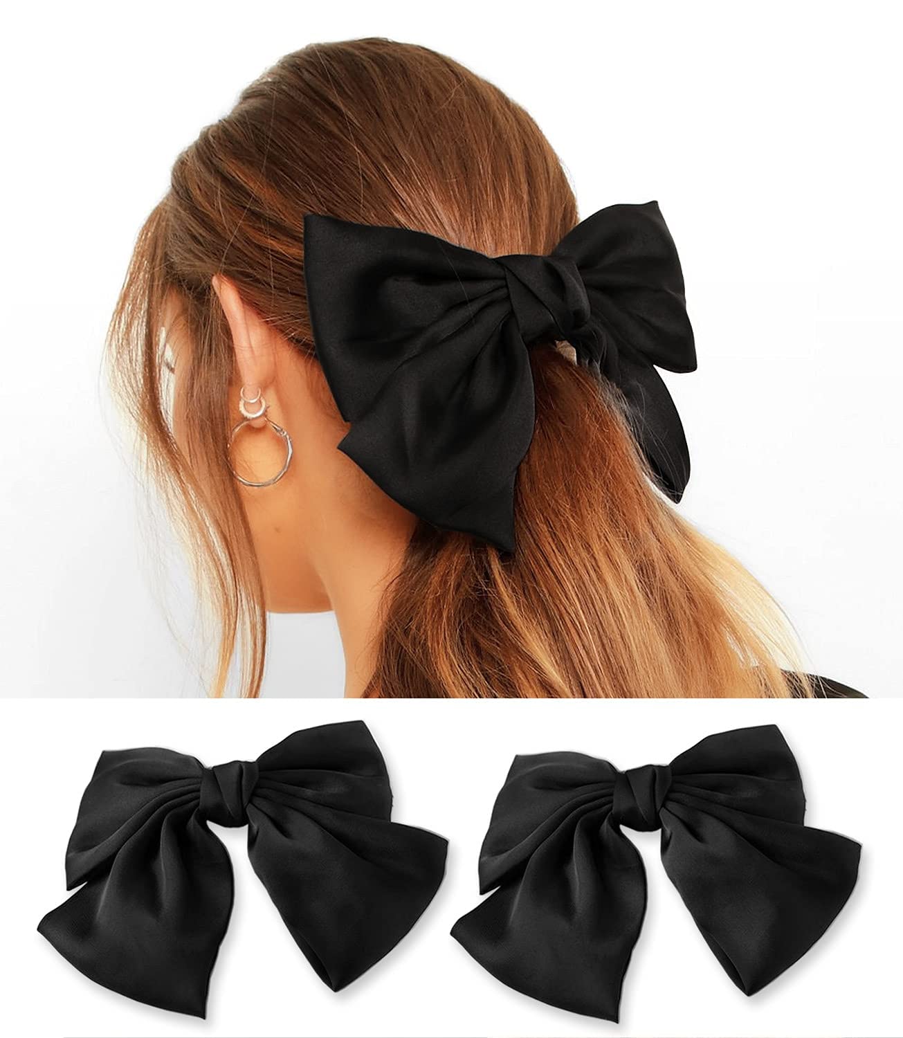 Glamifirsto 3-Piece Large Black Ribbon Hair Bows for Women & Girls - 8 Inch French Style Barrette Hair Clips - Elegant Hair Accessories for Weddings, Parties & Everyday Wear