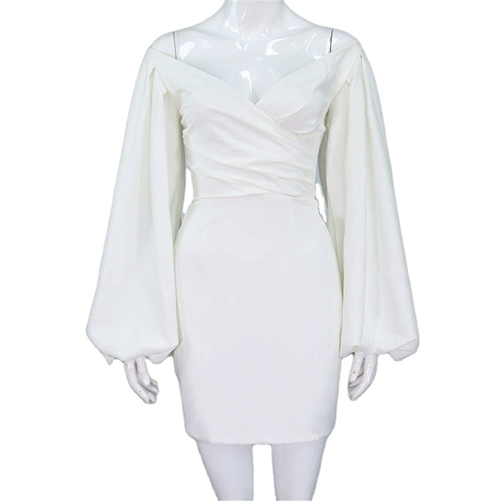 Sexy Strapless V-Neck Lantern Sleeve Mini Dress for Women - Elegant Bodycon Party Dress with Ruffled Hem & Hip Bag, Perfect for Evening Events, Date Nights & Club Wear (White, Size L)