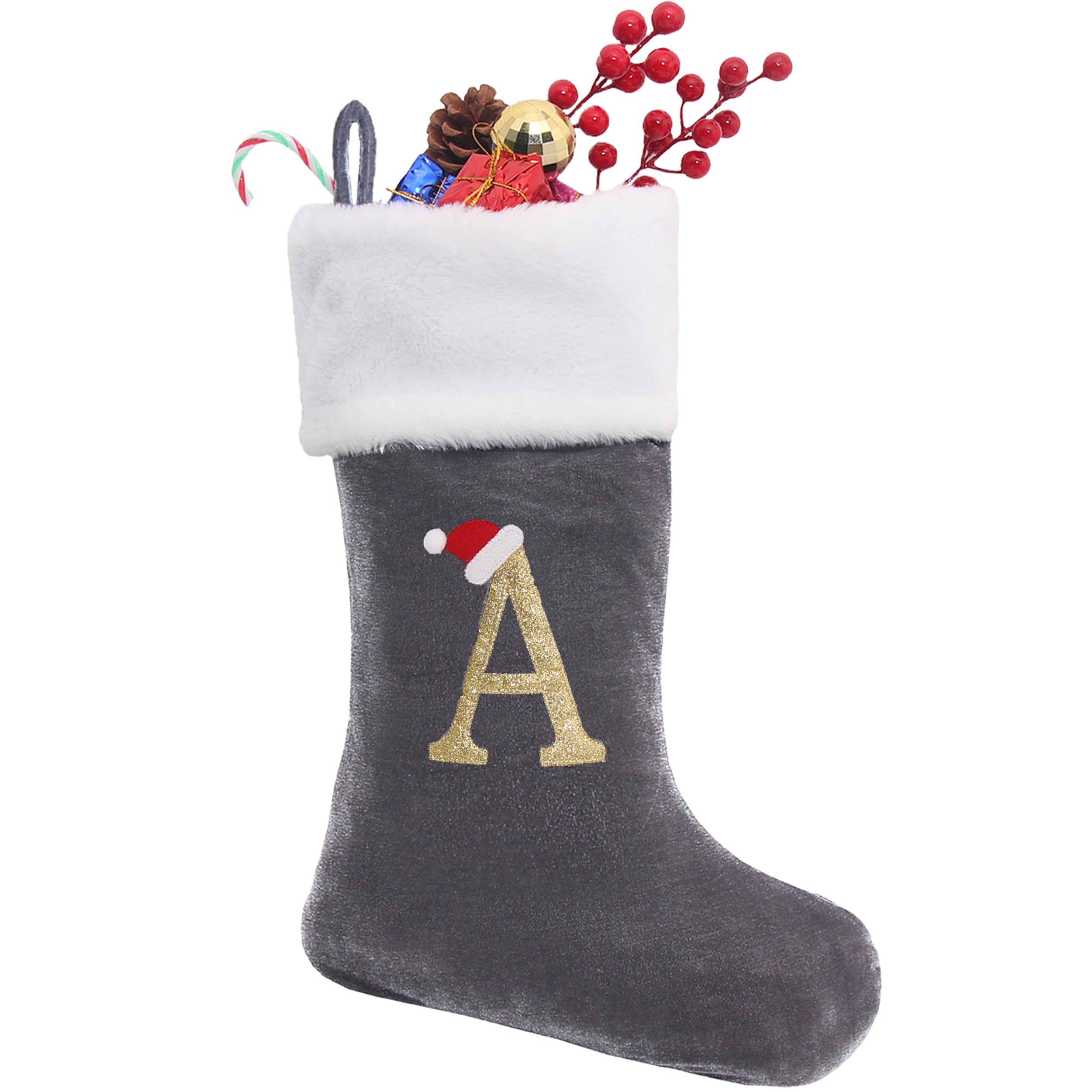 20 Inch Personalized Monogram Christmas Stockings - Large Grey Velvet with White Plush Cuff - Custom Holiday Stockings for Fireplace, Xmas Tree Decor & Festive Gift Giving