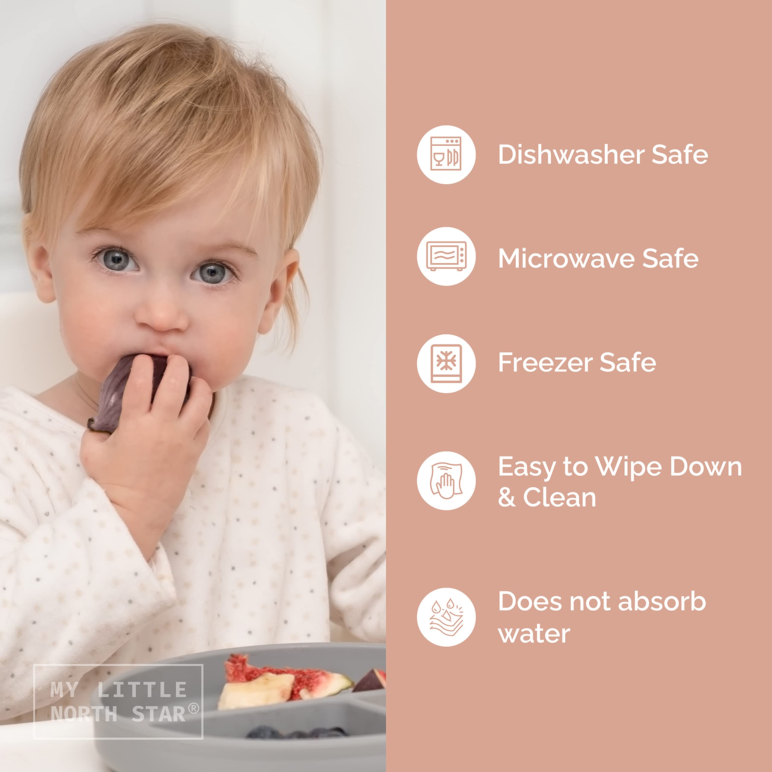 Baby Silicone Feeding Set (5-Piece) - Soft Food-Grade Silicone Bib, Suction Divided Plate & Self-Feeding Spoon/Fork - Toddler Weaning Utensils for 6+ Months - Perfect for Mess-Free Meals, Travel & Early Self-Feeding Training