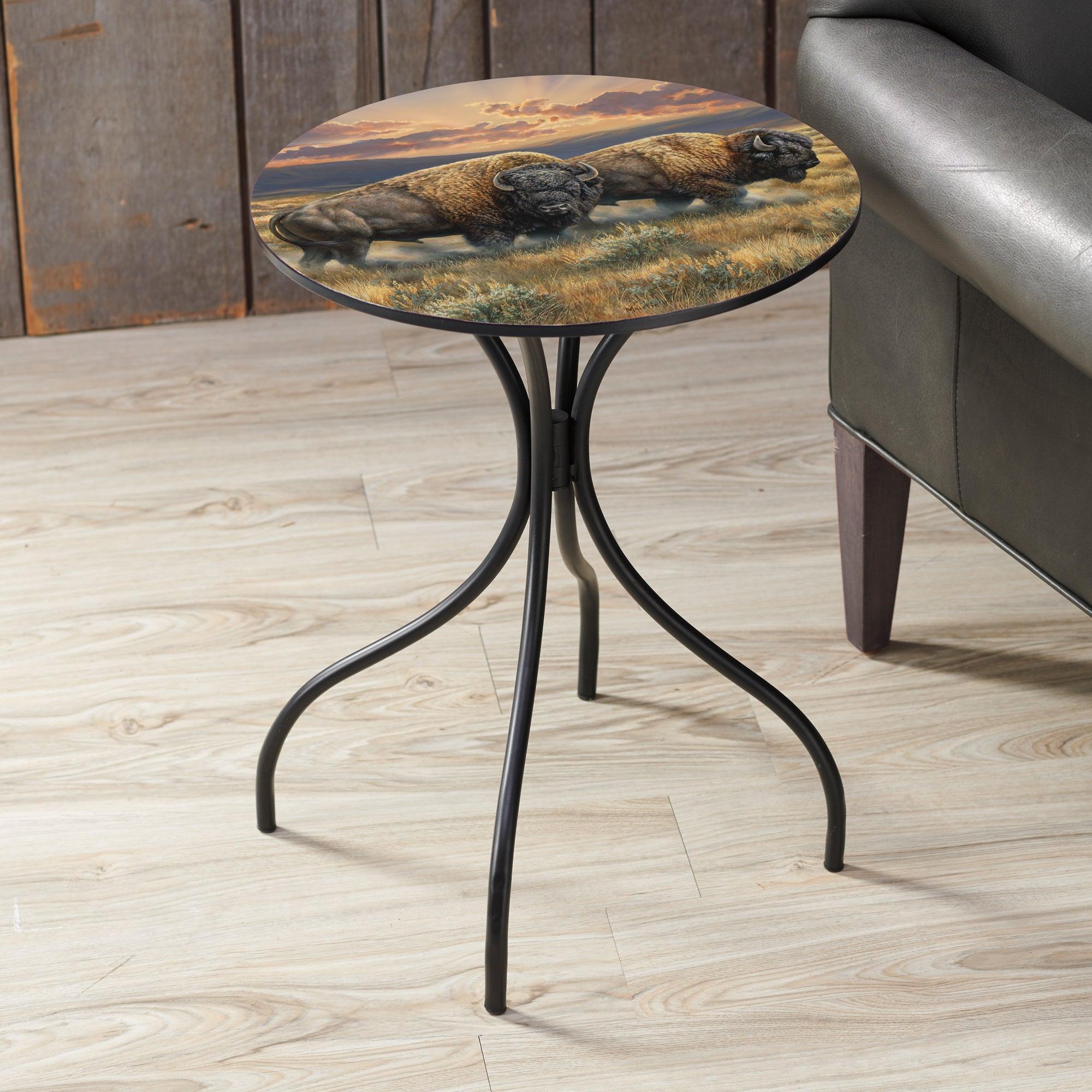 Dusty Plains Bison 18-Inch Metal Side Table - Rustic Industrial End Table for Living Room, Bedroom, or Outdoor Patio