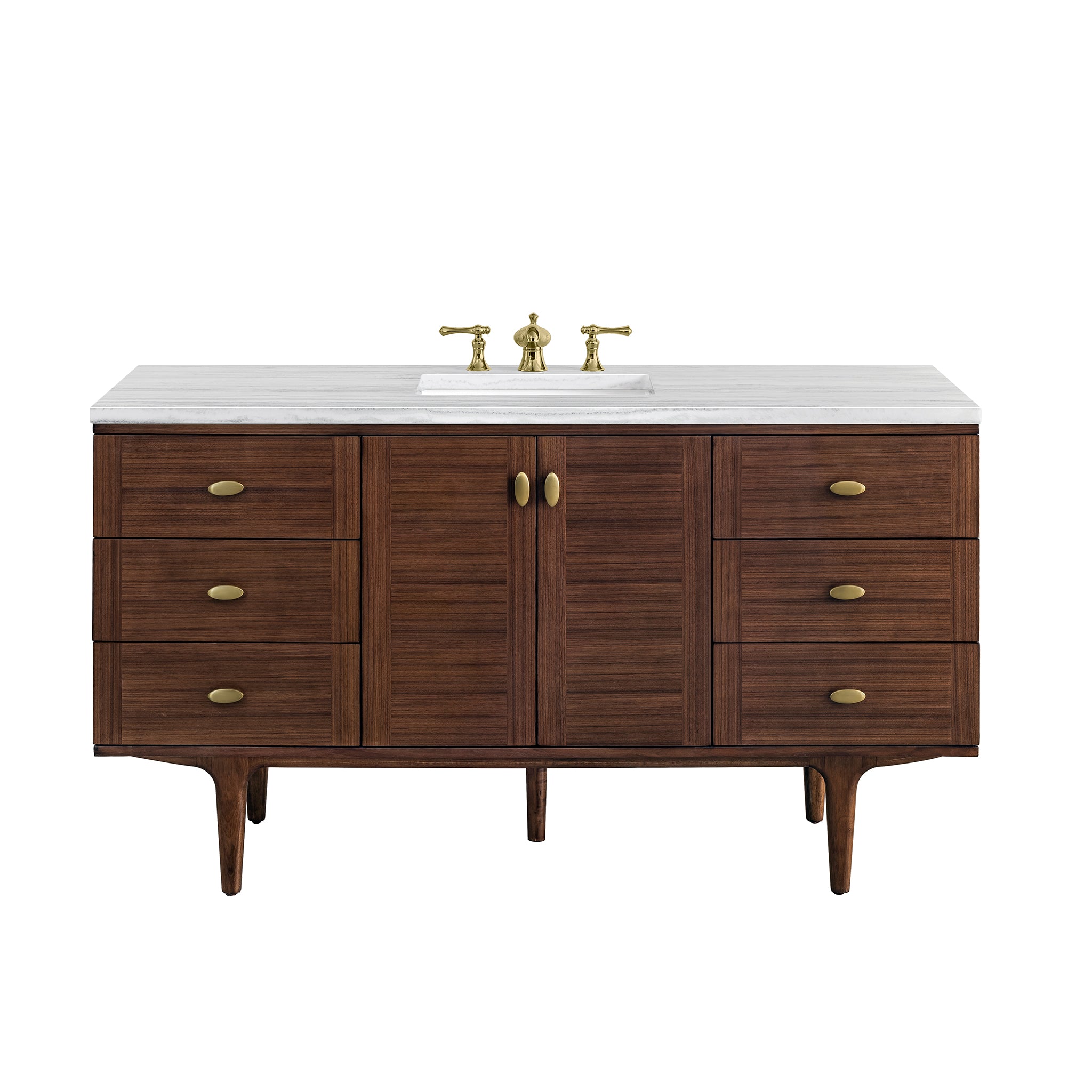 Amberly 60 Inch Single Bathroom Vanity with Mid-Century Modern Design in Walnut Finish & 3CM Arctic Fall Quartz Top - Perfect for Master Bathroom, Guest Bath or Powder Room Renovations